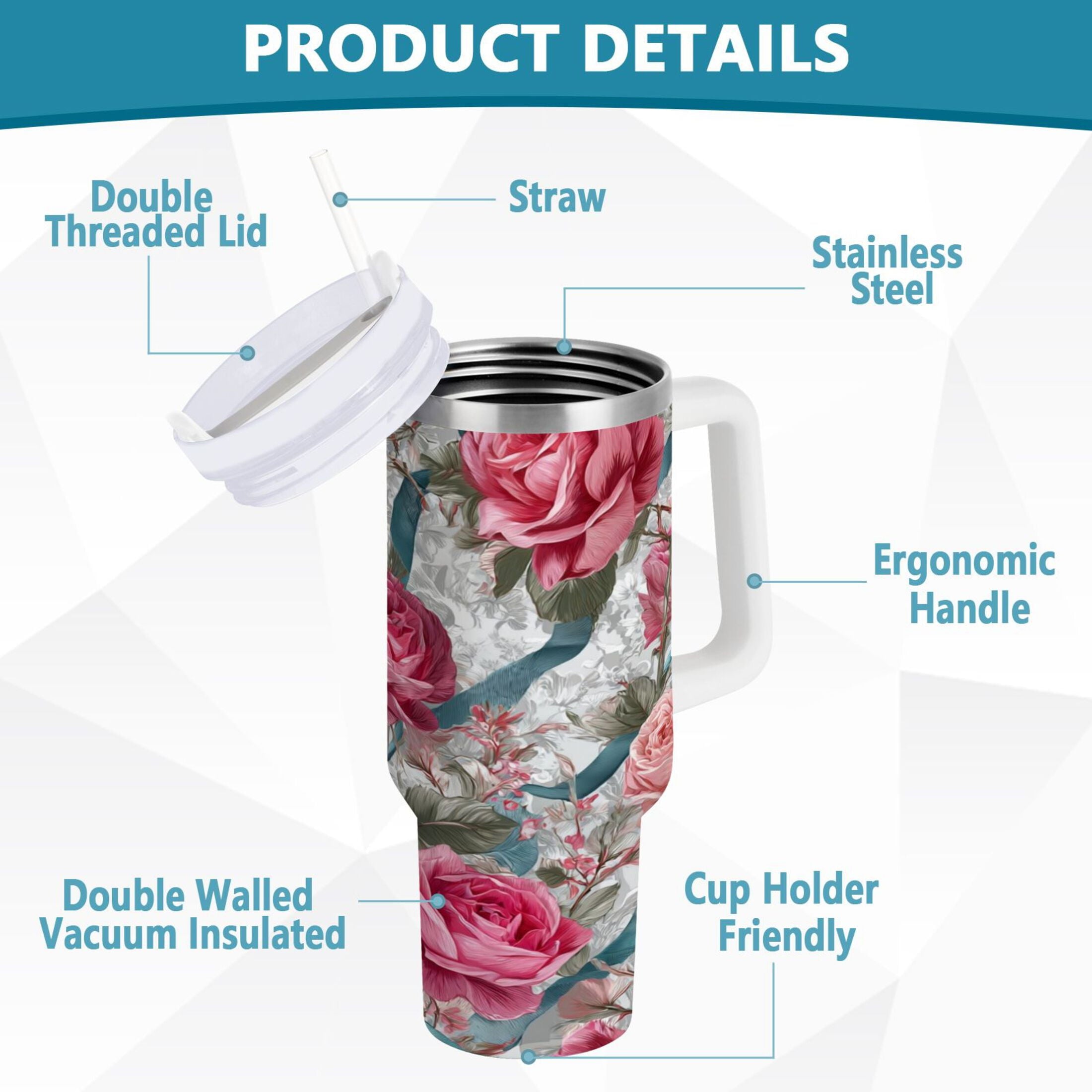 30 oz Insulated Stainless Steel Tumbler Double Wall Stainless Steel Tumbler with 2-Way Drinking Roses and Ribbons M675E