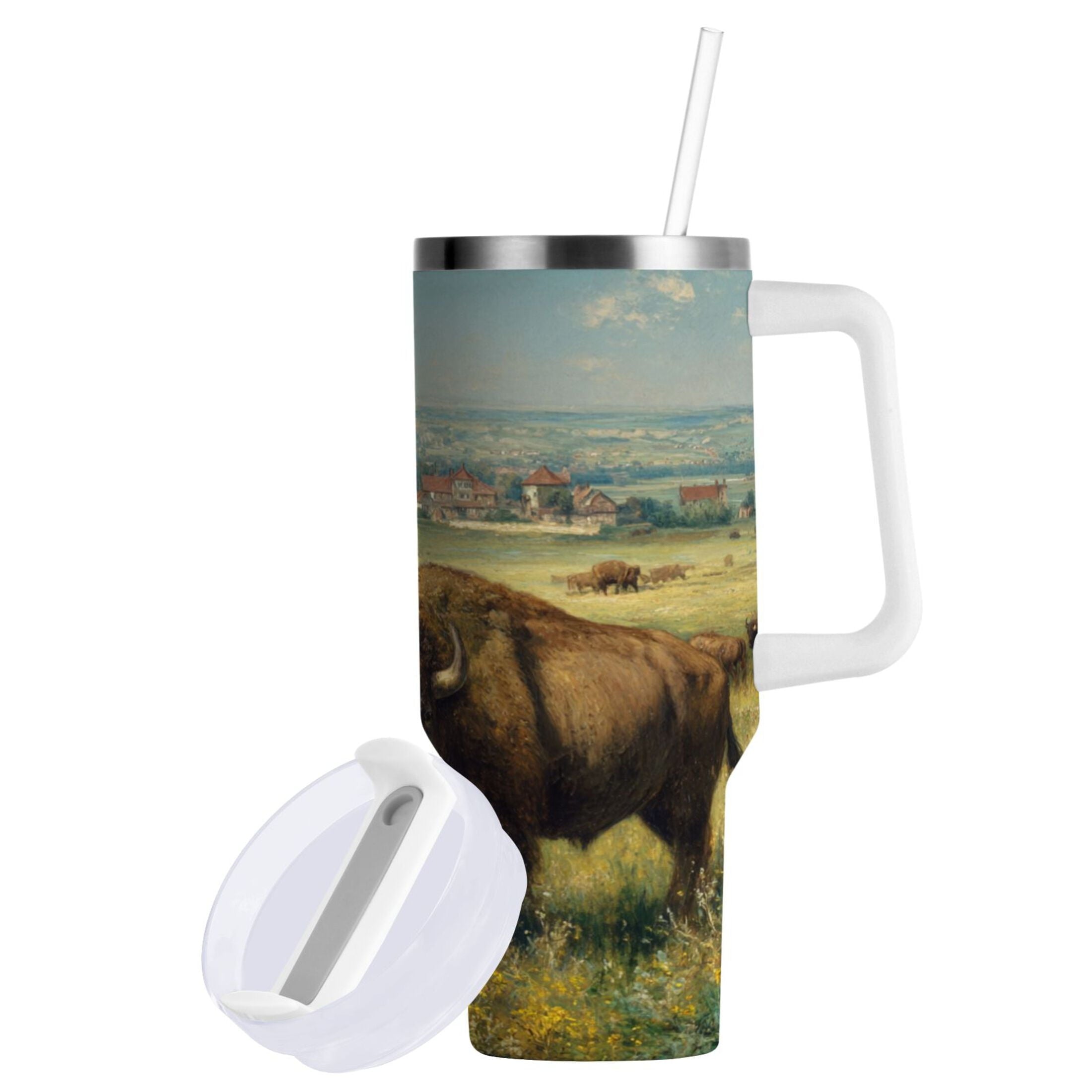 30 oz Insulated Stainless Steel Tumbler Double Wall Stainless Steel Tumbler with 2-Way Drinking Buffalo Herd Oil Painting M660K