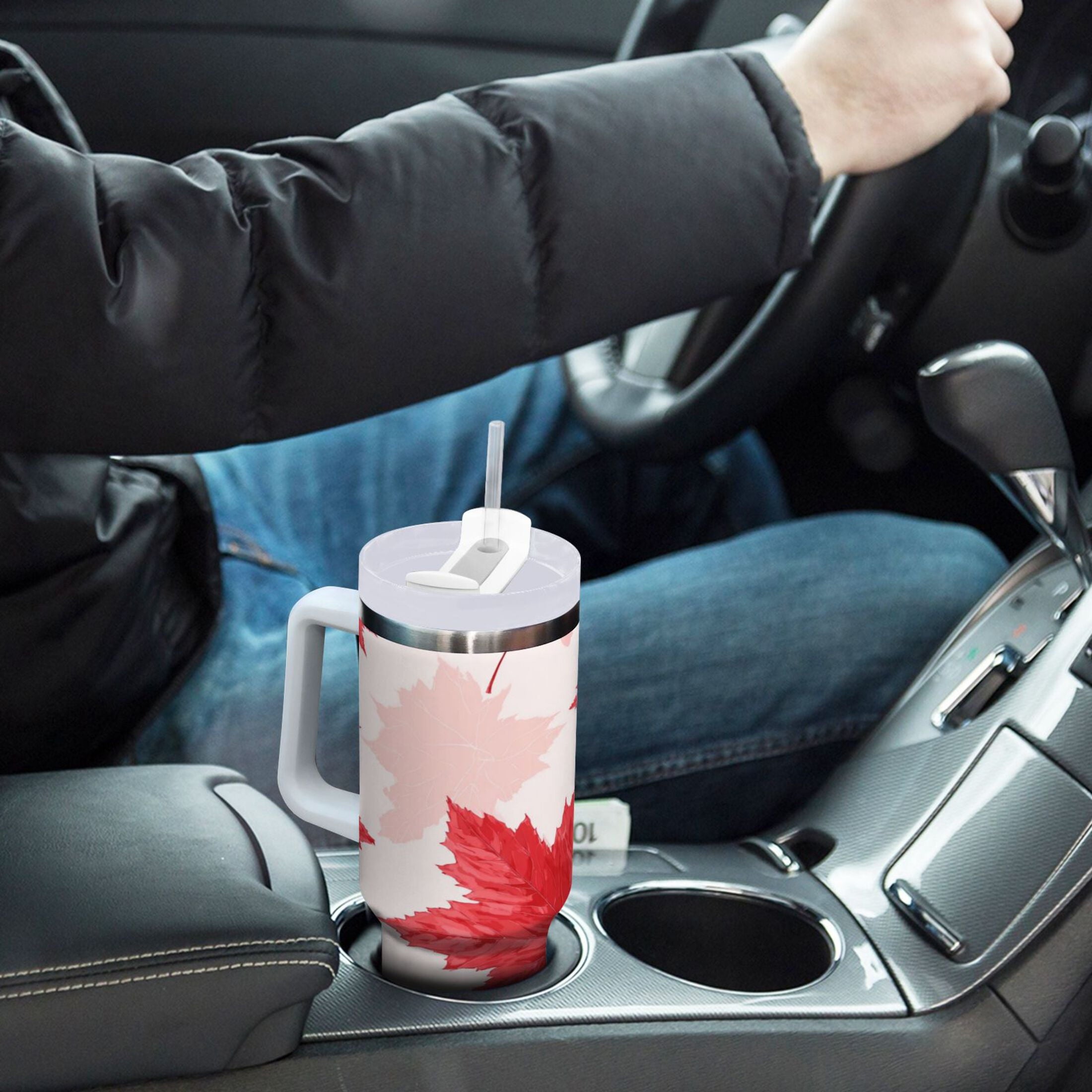 40 oz Insulated Stainless Steel Tumbler Double Wall Stainless Steel Tumbler with 2-Way Drinking Red Maple Leaves Pattern M601F