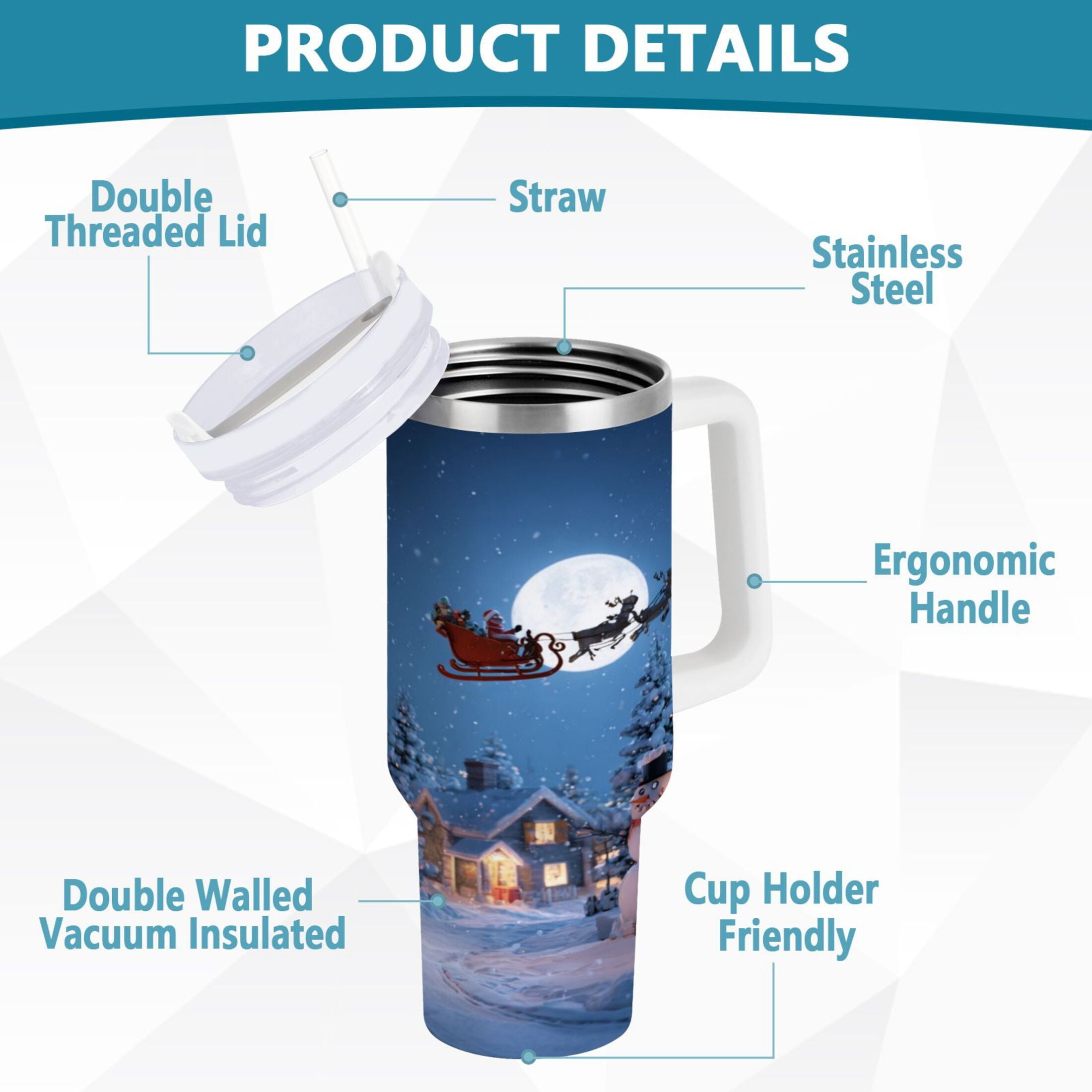 30 oz Insulated Stainless Steel Tumbler Double Wall Stainless Steel Tumbler with 2-Way Drinking Christmas Night Scene M606E