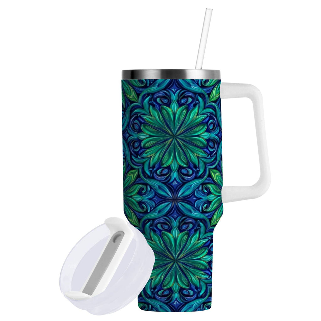 40 oz Insulated Stainless Steel Tumbler Double Wall Stainless Steel Tumbler with 2-Way Drinking Elegant Blue Traditional Patterns M603V