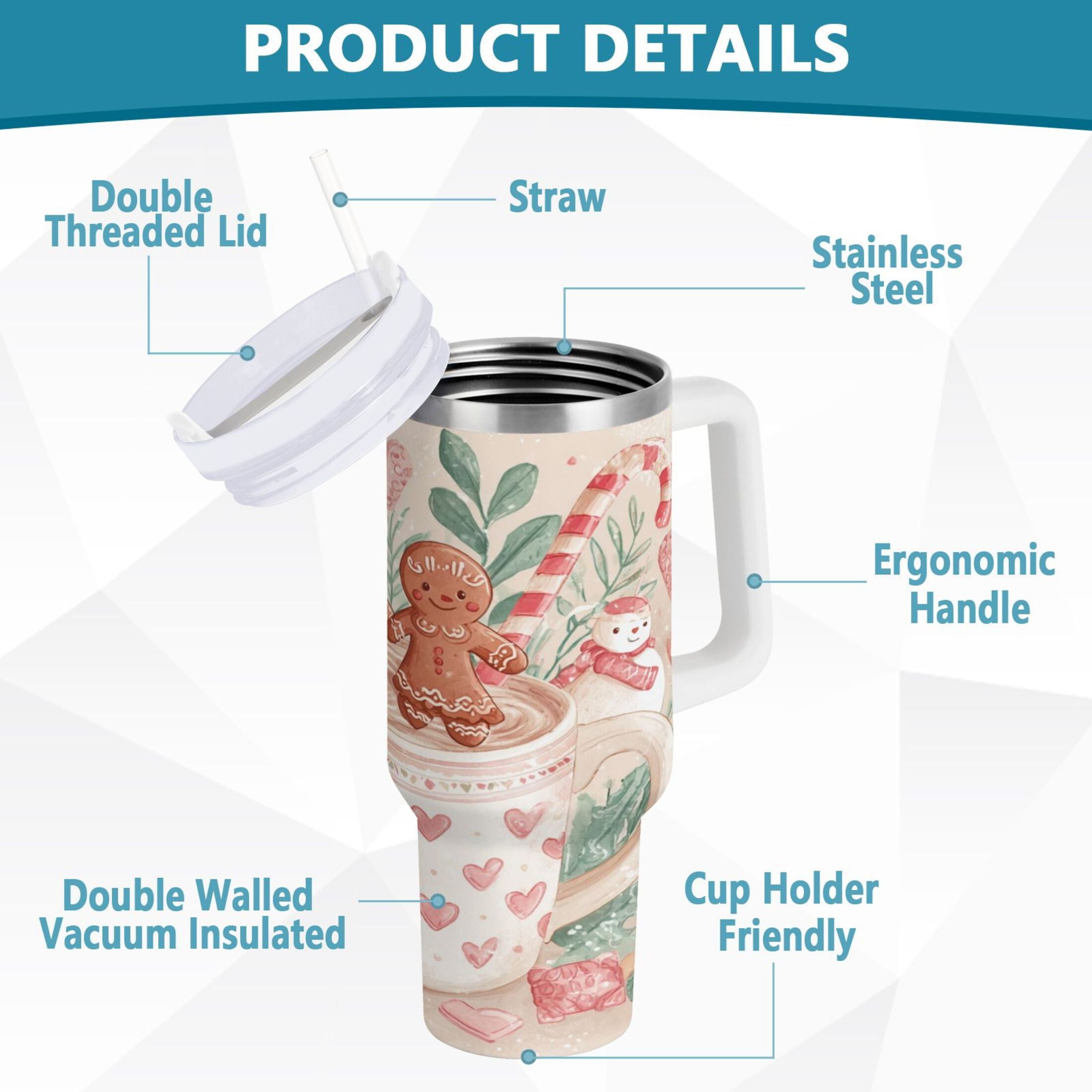 30 oz Insulated Stainless Steel Tumbler Double Wall Stainless Steel Tumbler with 2-Way Drinking Cute Christmas Design M600R
