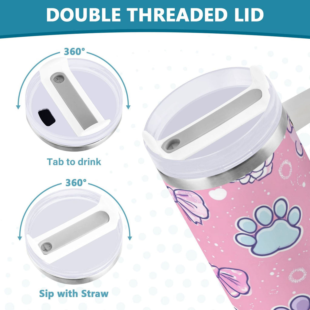30 oz Insulated Stainless Steel Tumbler Double Wall Stainless Steel Tumbler with 2-Way Drinking Dog Paw Prints and Bows M648A