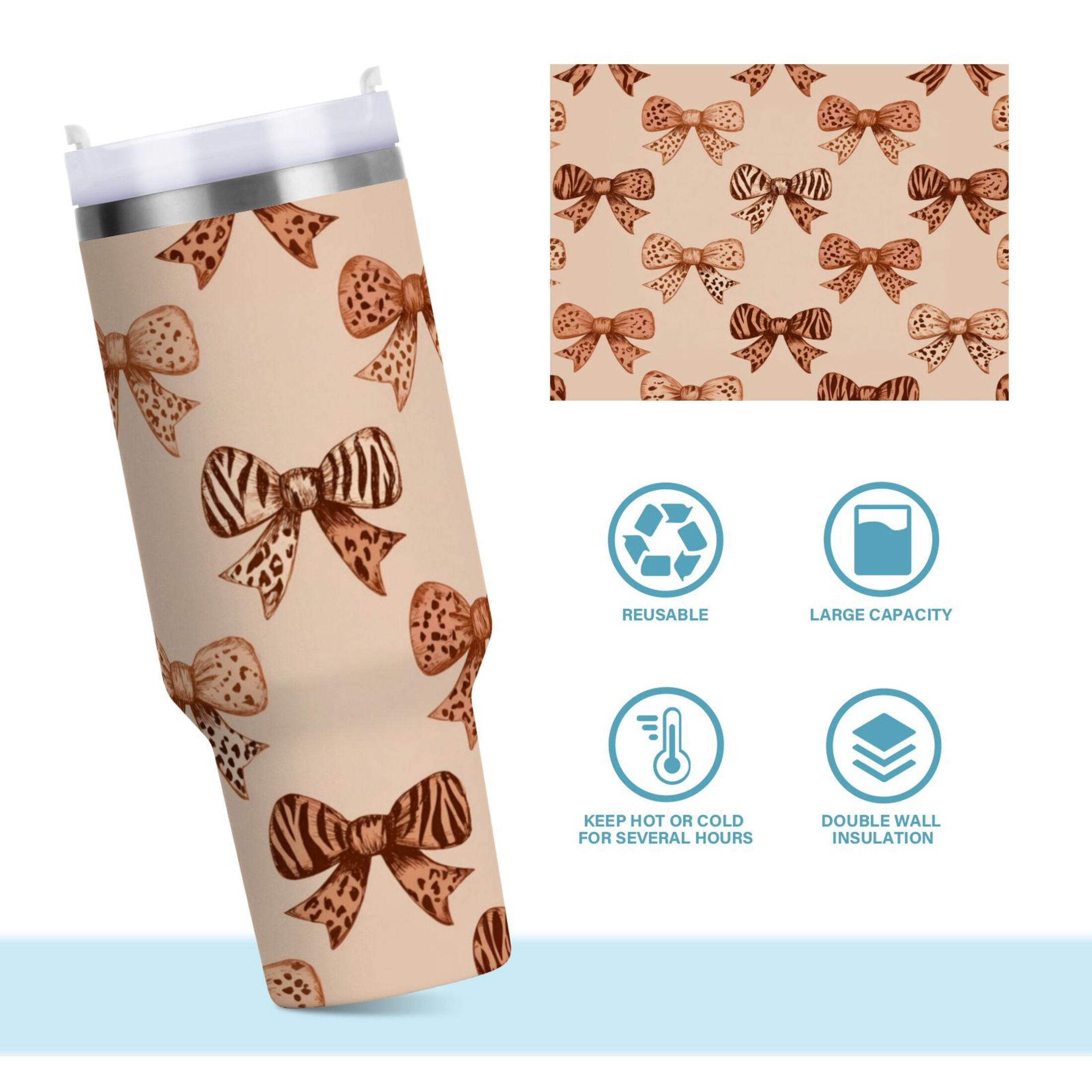 40 oz Insulated Stainless Steel Tumbler Double Wall Stainless Steel Tumbler with 2-Way Drinking Leopard Print Bow M550A