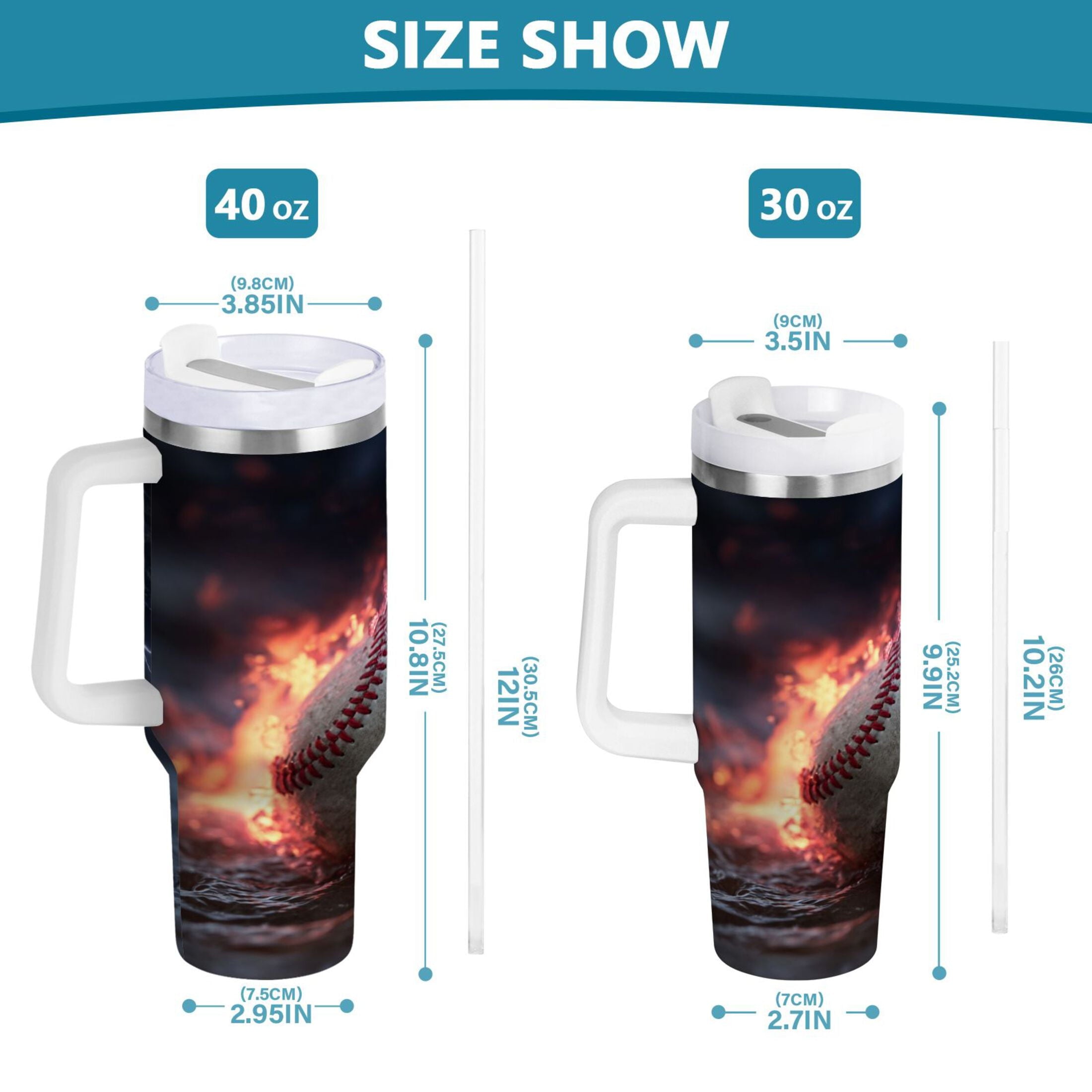 40 oz Insulated Stainless Steel Tumbler Double Wall Stainless Steel Tumbler with 2-Way Drinking Baseball with Water and Fire M680S