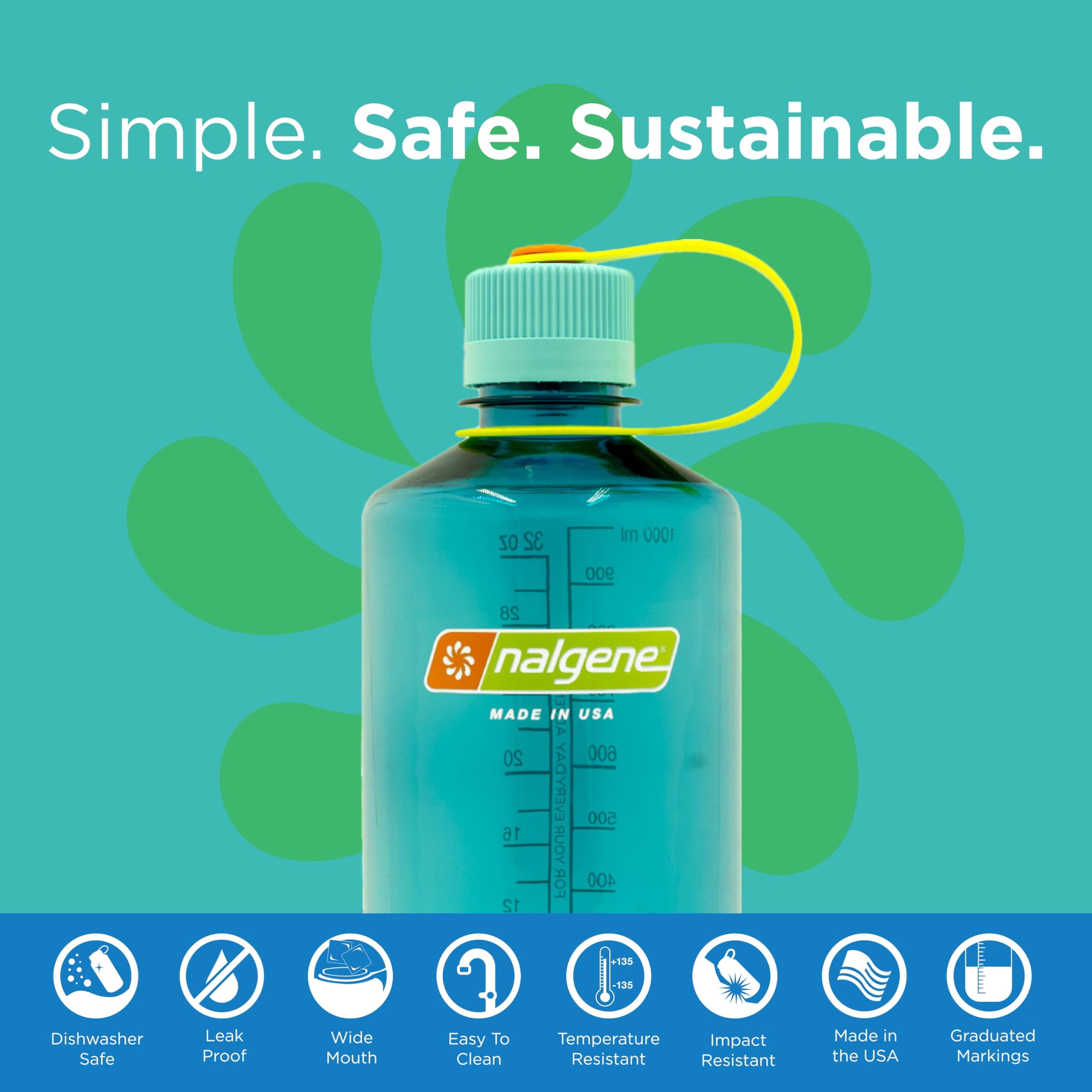 Nalgene Sustain Tritan BPA-Free Water Bottle Made with Material Derived from 50% Plastic Waste (using ISCC certified mass balance), 32 OZ, Narrow Mouth, Cerulean M158G