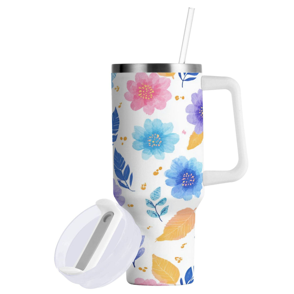 30 oz Insulated Stainless Steel Tumbler Double Wall Stainless Steel Tumbler with 2-Way Drinking Blue and Purple Flowers M522K