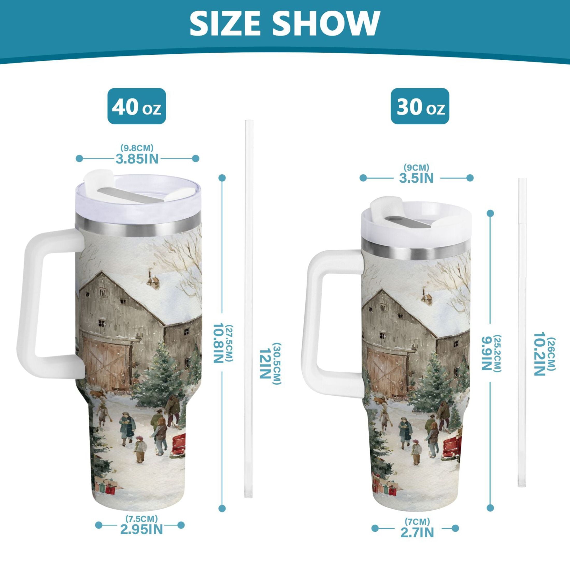 40 oz Insulated Stainless Steel Tumbler Double Wall Stainless Steel Tumbler with 2-Way Drinking Farm Snow Scene M645P