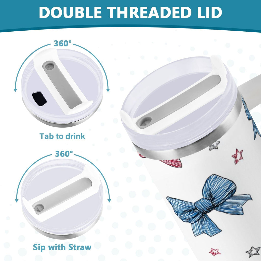 40 oz Insulated Stainless Steel Tumbler Double Wall Stainless Steel Tumbler with 2-Way Drinking Red and Blue Stripes Bows M510M
