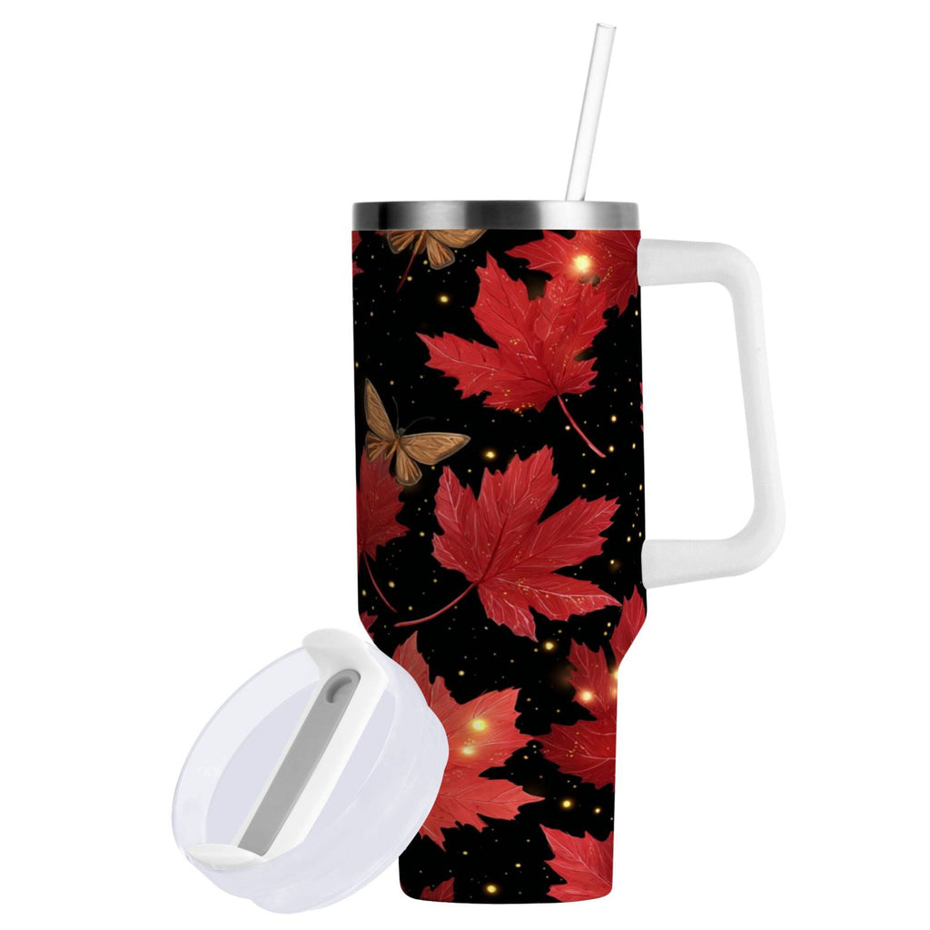 40 oz Insulated Stainless Steel Tumbler Double Wall Stainless Steel Tumbler with 2-Way Drinking Maple Leaves and Fireflies M516E