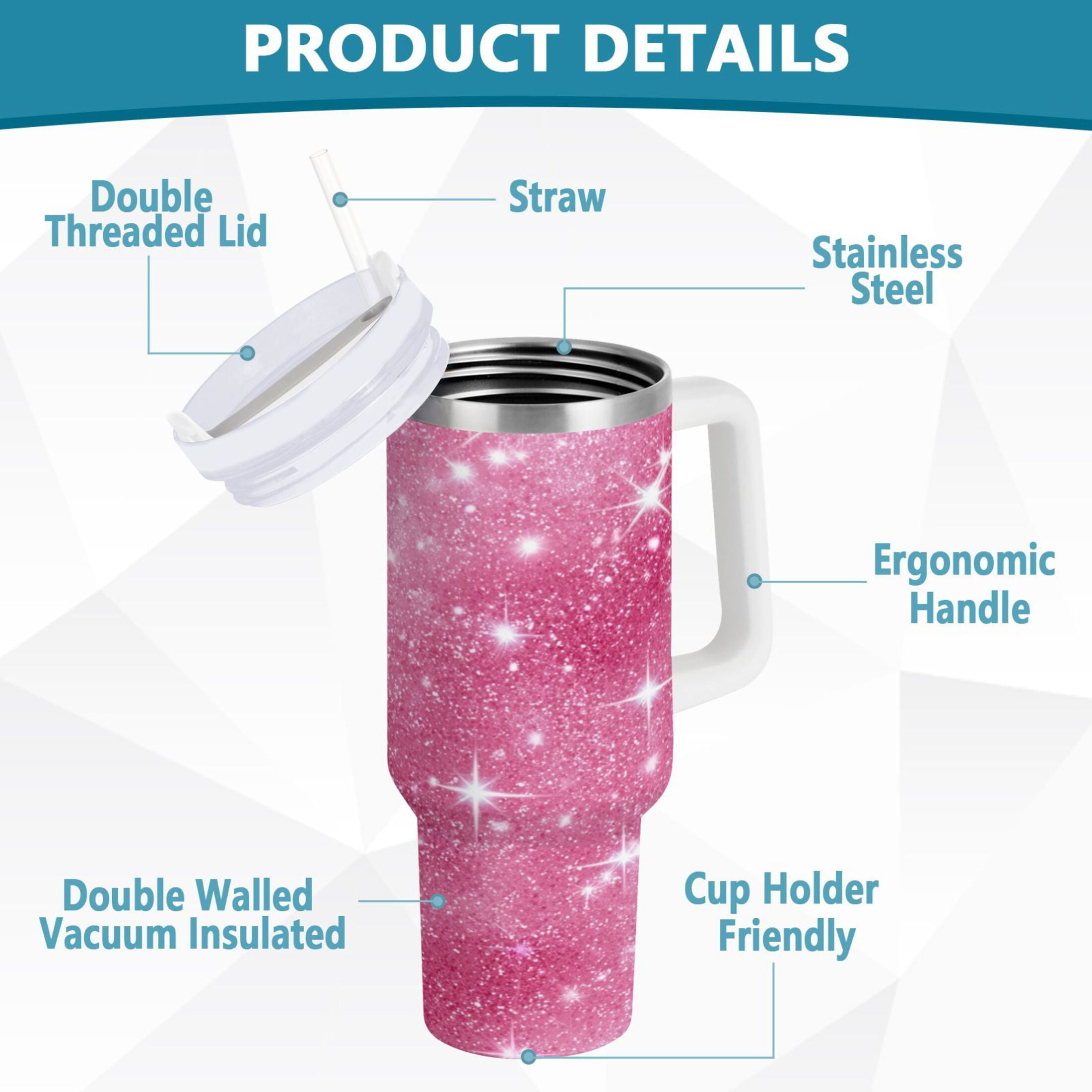 40 oz Insulated Stainless Steel Tumbler Double Wall Stainless Steel Tumbler with 2-Way Drinking Pink Glitter Background M608X
