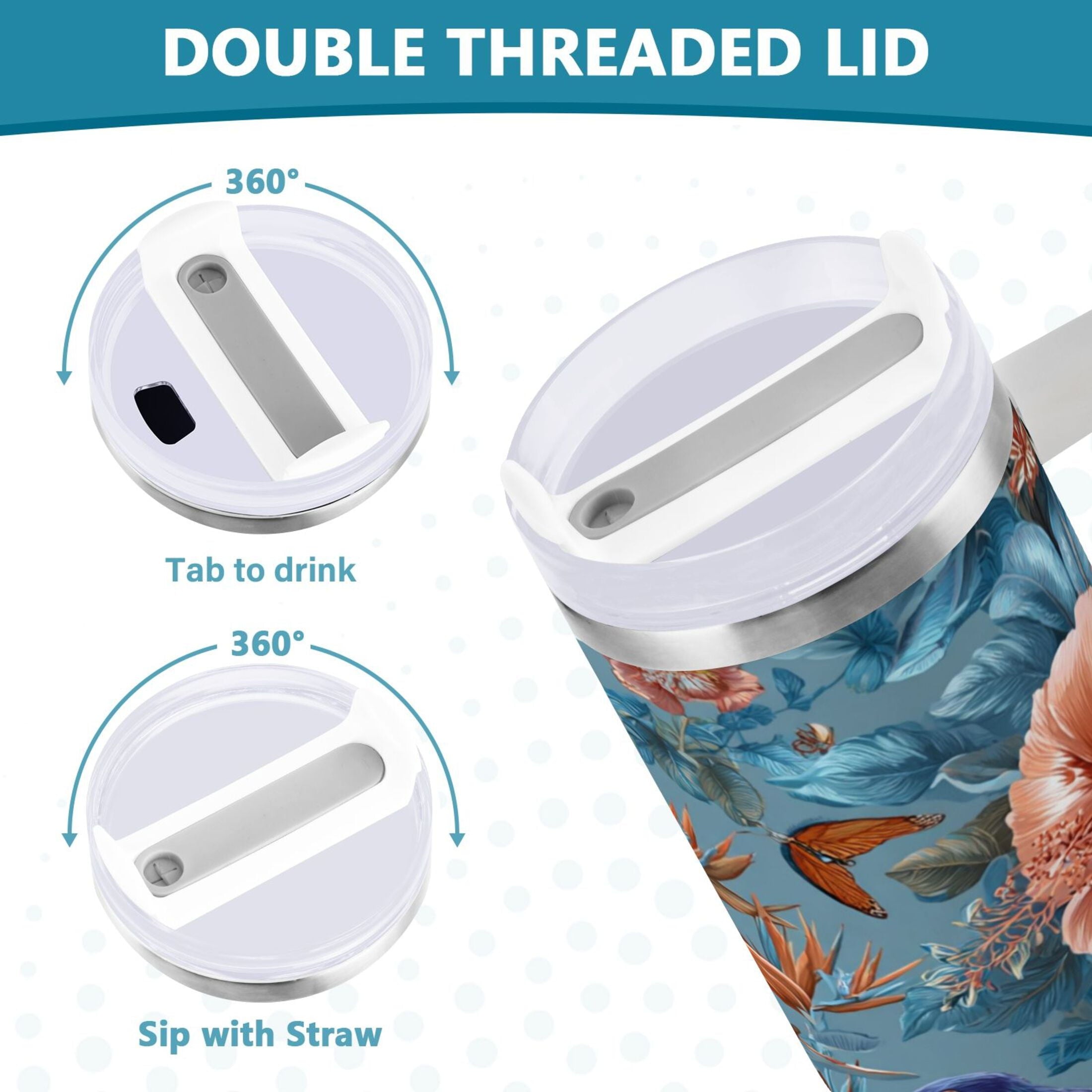 30 oz Insulated Stainless Steel Tumbler Double Wall Stainless Steel Tumbler with 2-Way Drinking Birds and Flowers M552X