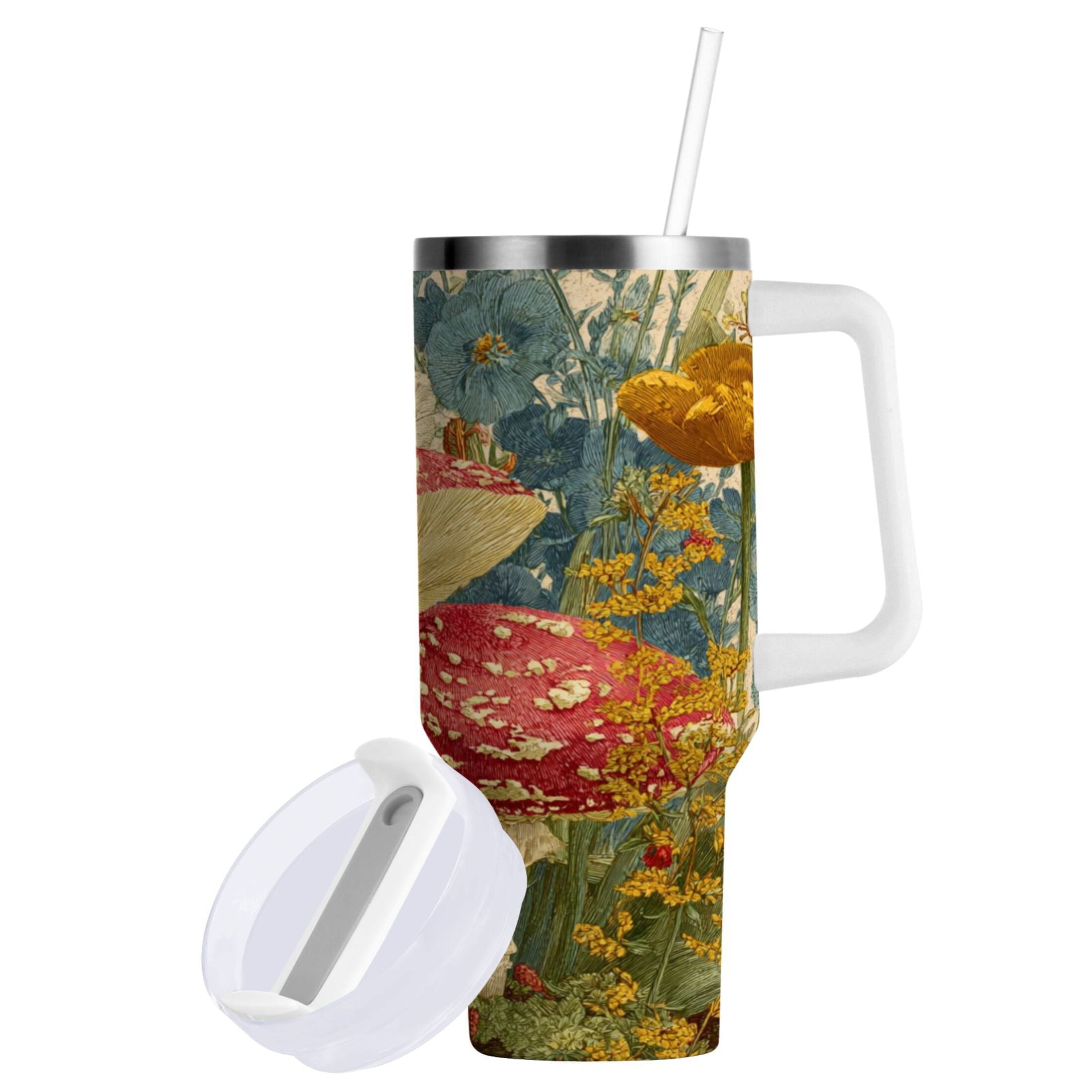 30 oz Insulated Stainless Steel Tumbler Double Wall Stainless Steel Tumbler with 2-Way Drinking Red Mushrooms with Flowers M449E