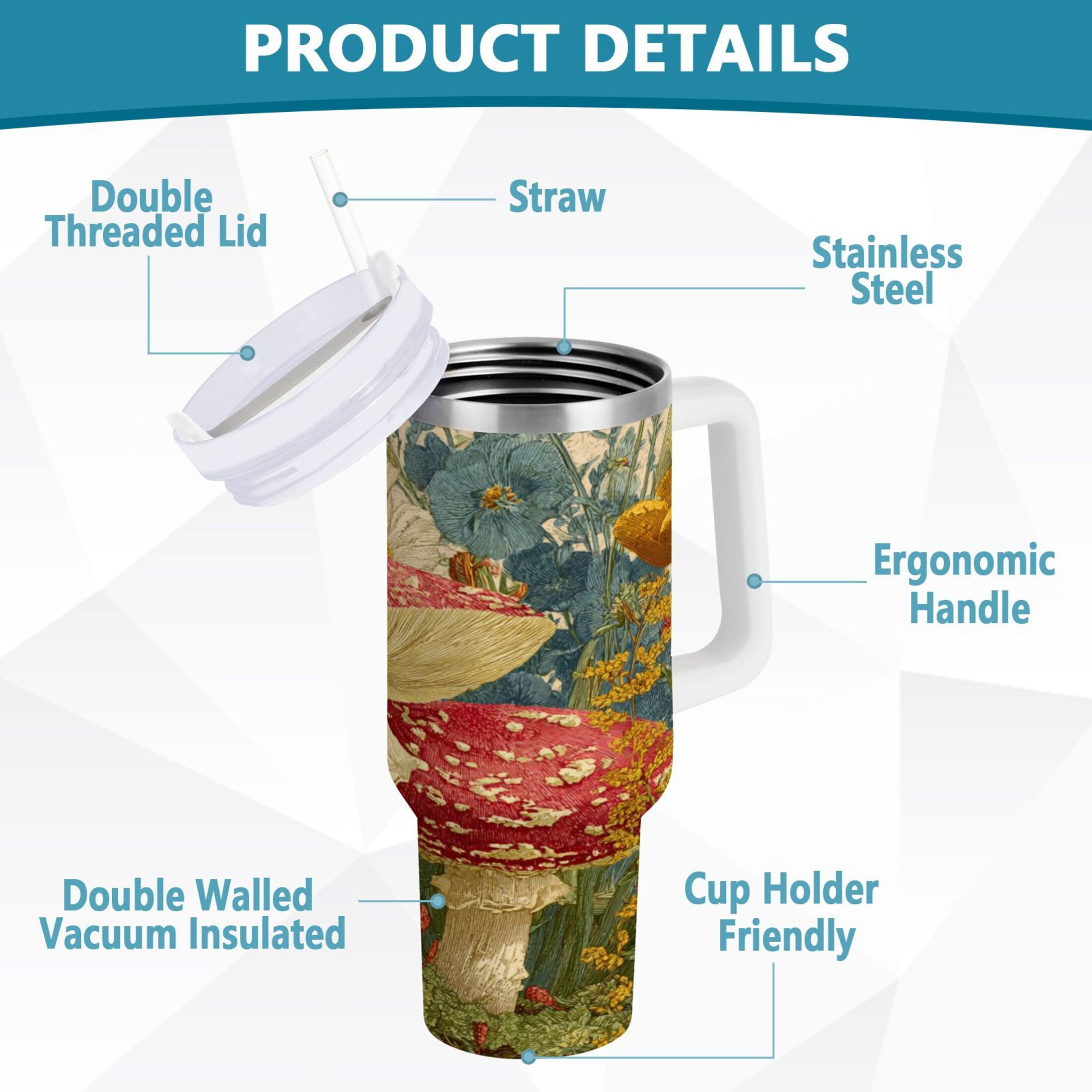 30 oz Insulated Stainless Steel Tumbler Double Wall Stainless Steel Tumbler with 2-Way Drinking Red Mushrooms with Flowers M449E