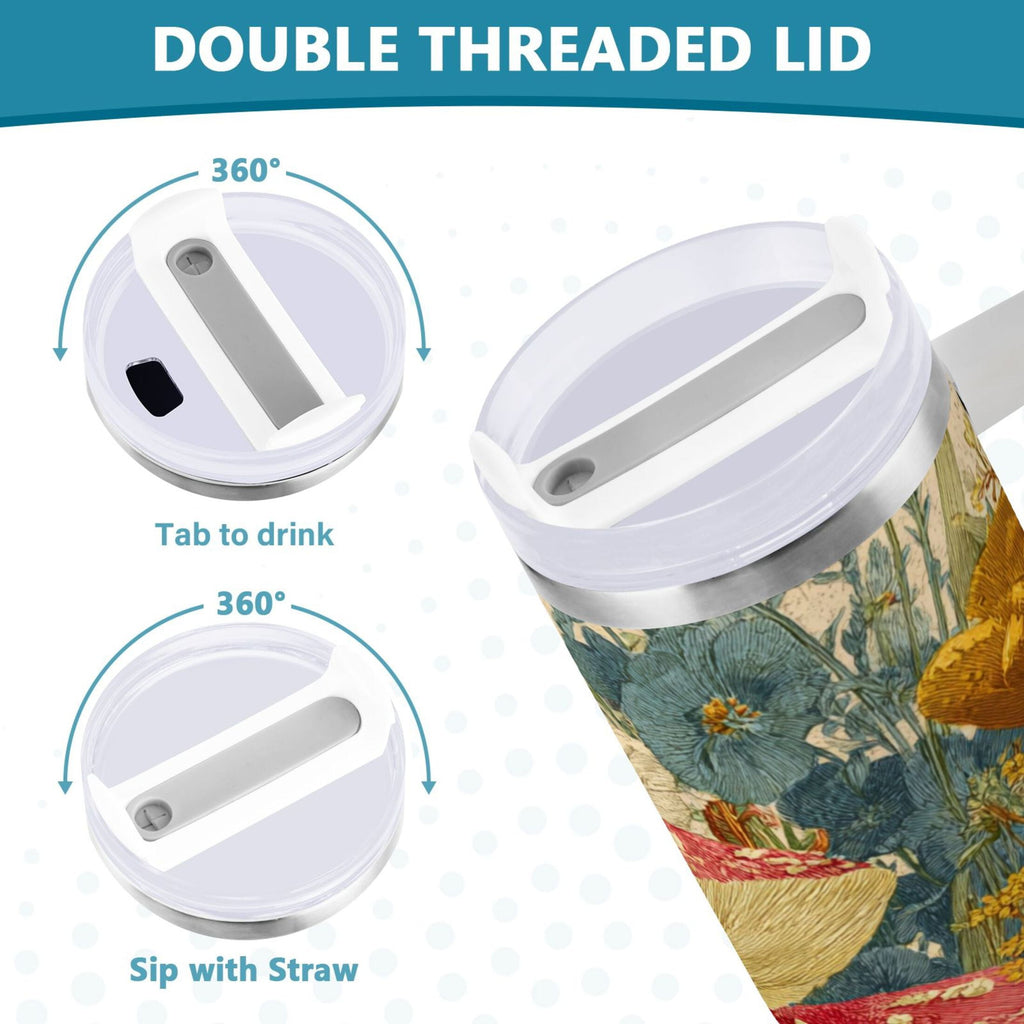 30 oz Insulated Stainless Steel Tumbler Double Wall Stainless Steel Tumbler with 2-Way Drinking Red Mushrooms with Flowers M449E