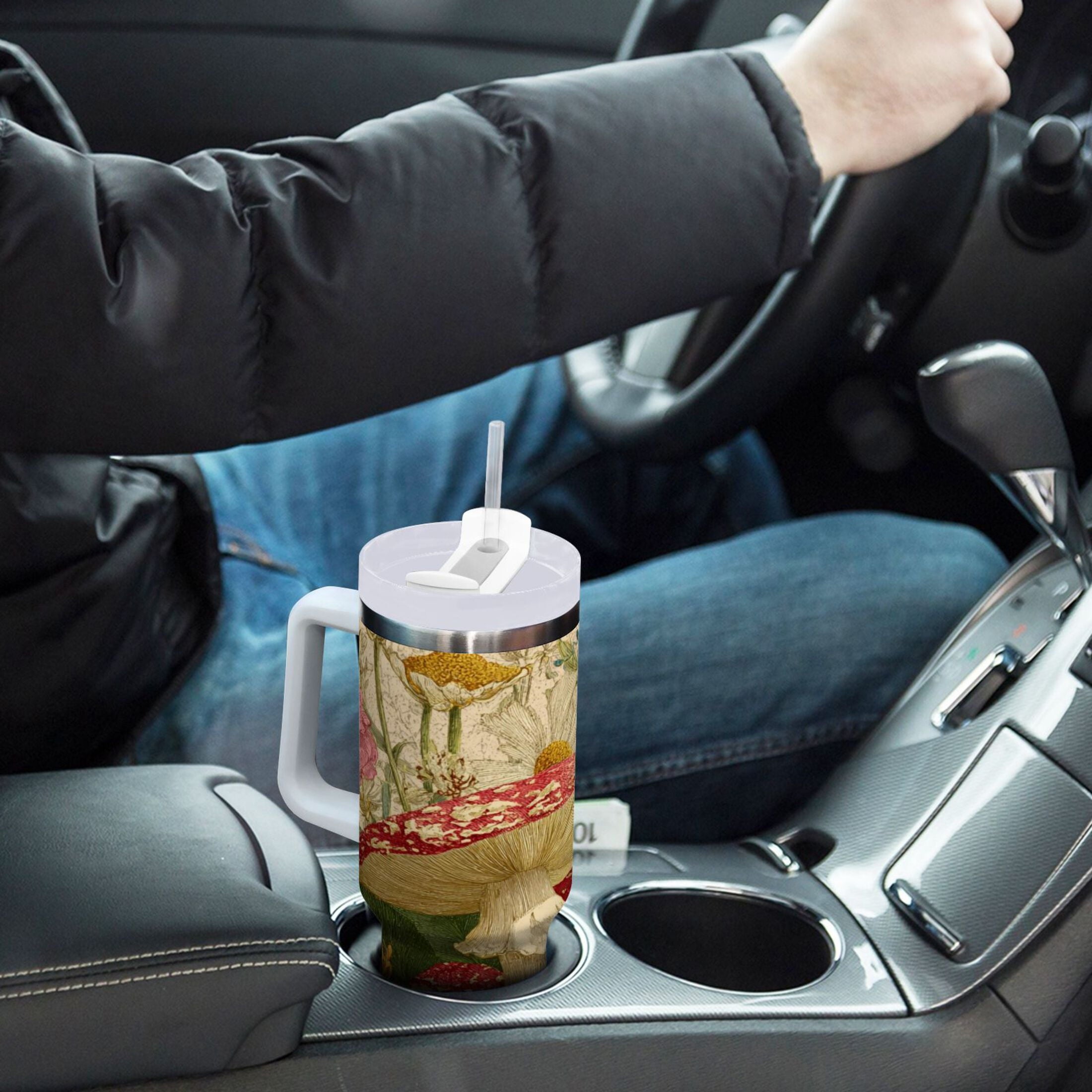 30 oz Insulated Stainless Steel Tumbler Double Wall Stainless Steel Tumbler with 2-Way Drinking Red Mushrooms with Flowers M449E