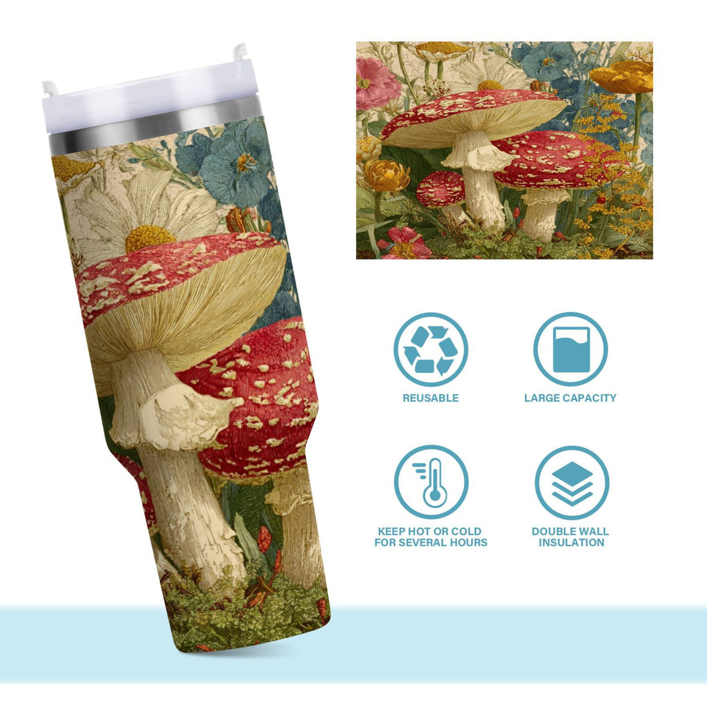 30 oz Insulated Stainless Steel Tumbler Double Wall Stainless Steel Tumbler with 2-Way Drinking Red Mushrooms with Flowers M449E