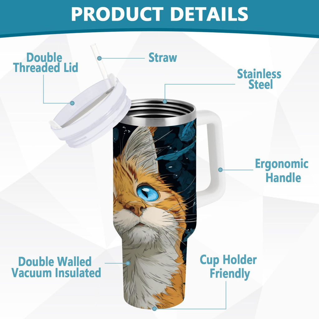 30 oz Insulated Stainless Steel Tumbler Double Wall Stainless Steel Tumbler with 2-Way Drinking Orange Cat with Blue Eyes M585E