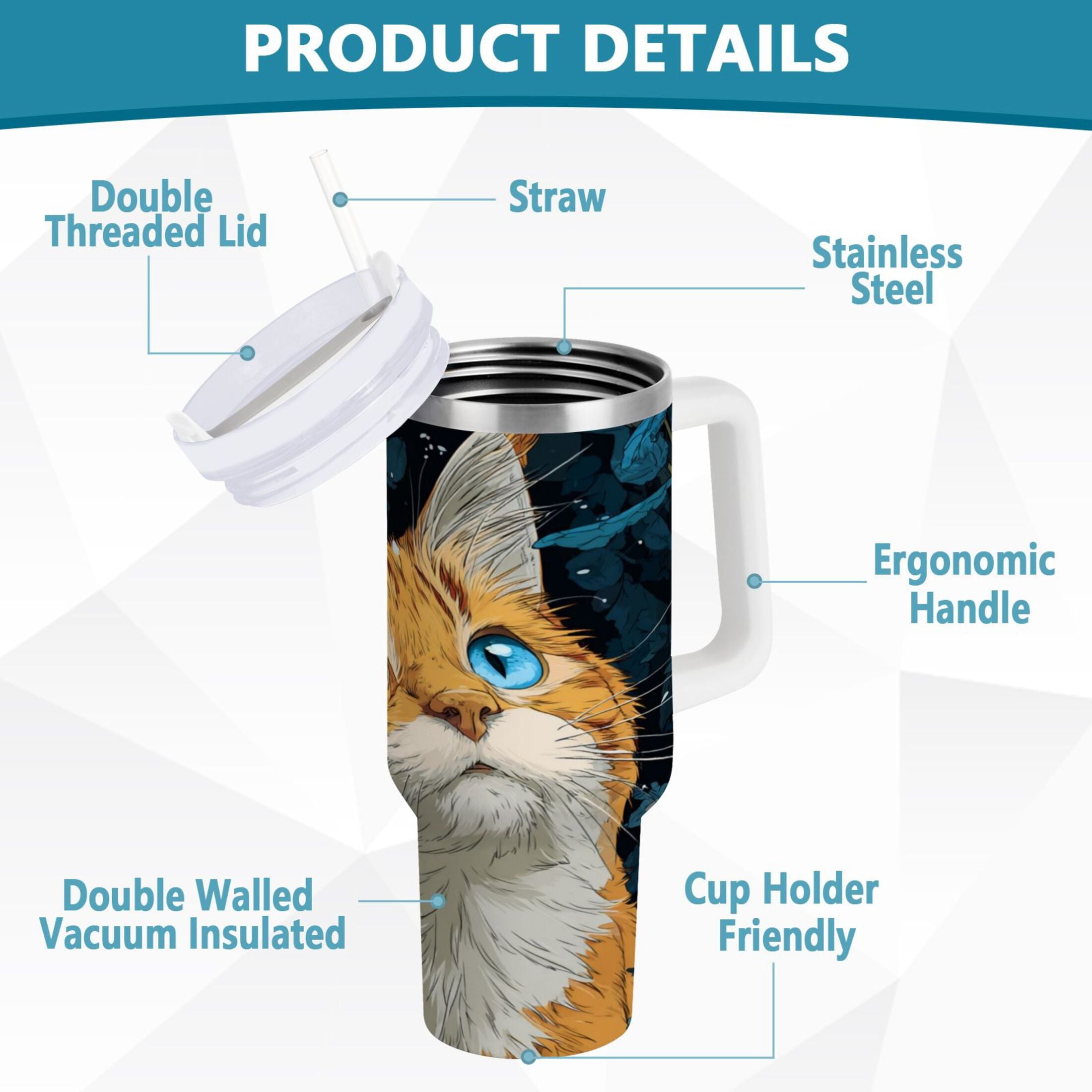 30 oz Insulated Stainless Steel Tumbler Double Wall Stainless Steel Tumbler with 2-Way Drinking Orange Cat with Blue Eyes M585E