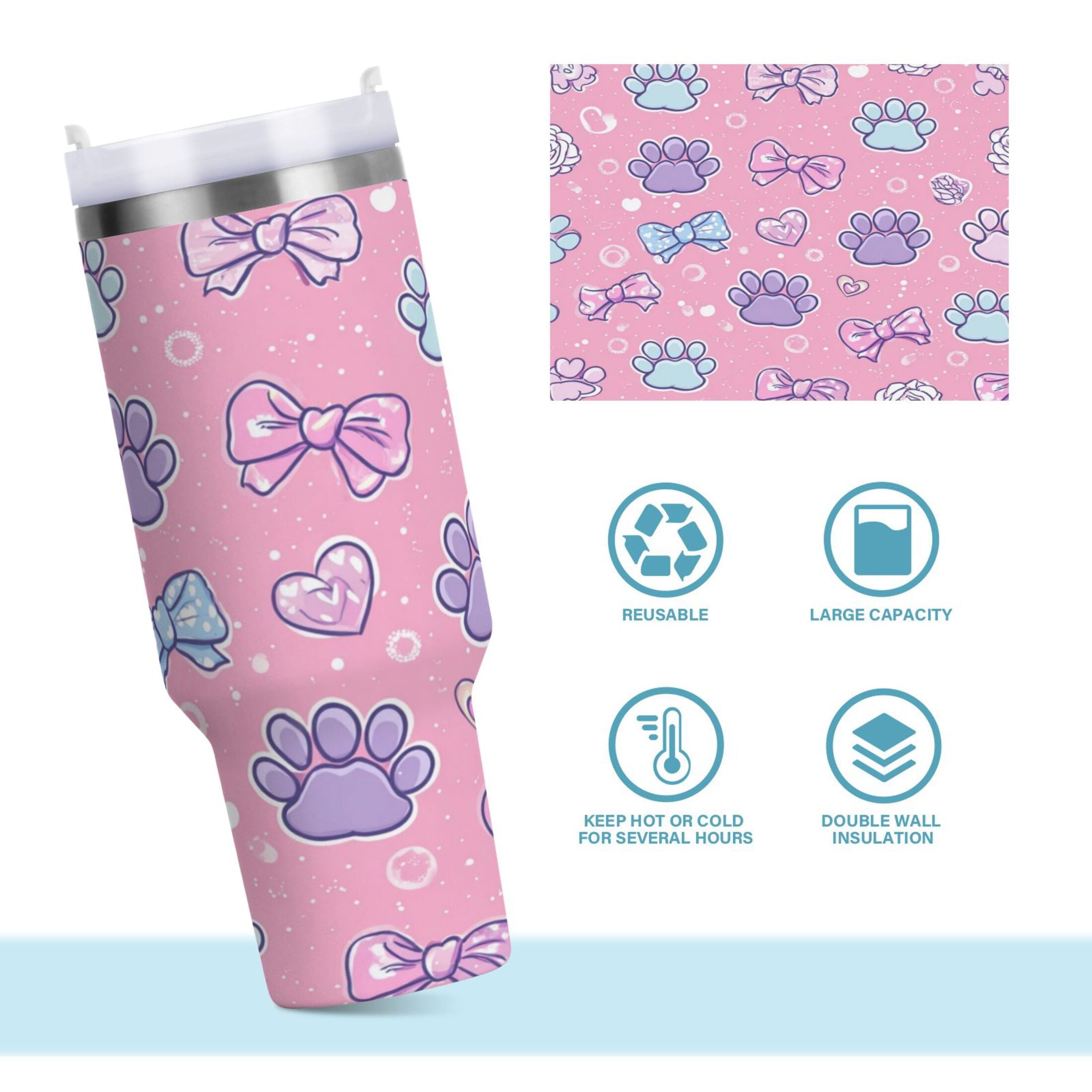 30 oz Insulated Stainless Steel Tumbler Double Wall Stainless Steel Tumbler with 2-Way Drinking Dog Paw Prints and Bows M648A