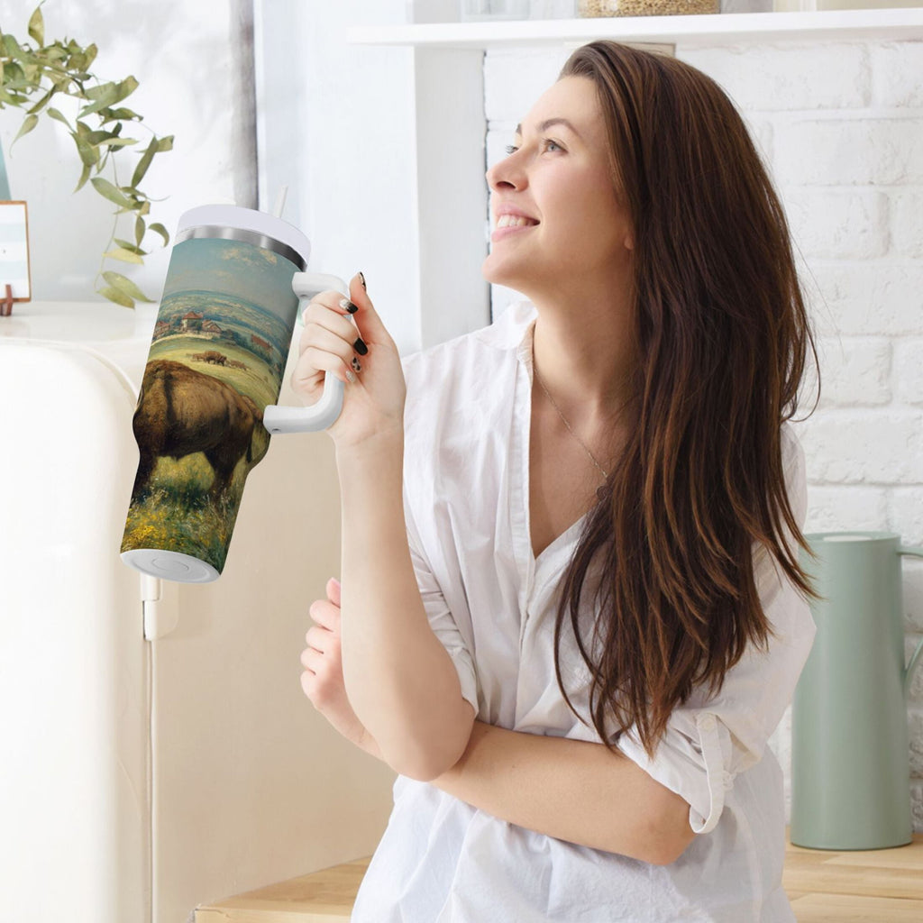 30 oz Insulated Stainless Steel Tumbler Double Wall Stainless Steel Tumbler with 2-Way Drinking Buffalo Herd Oil Painting M660K