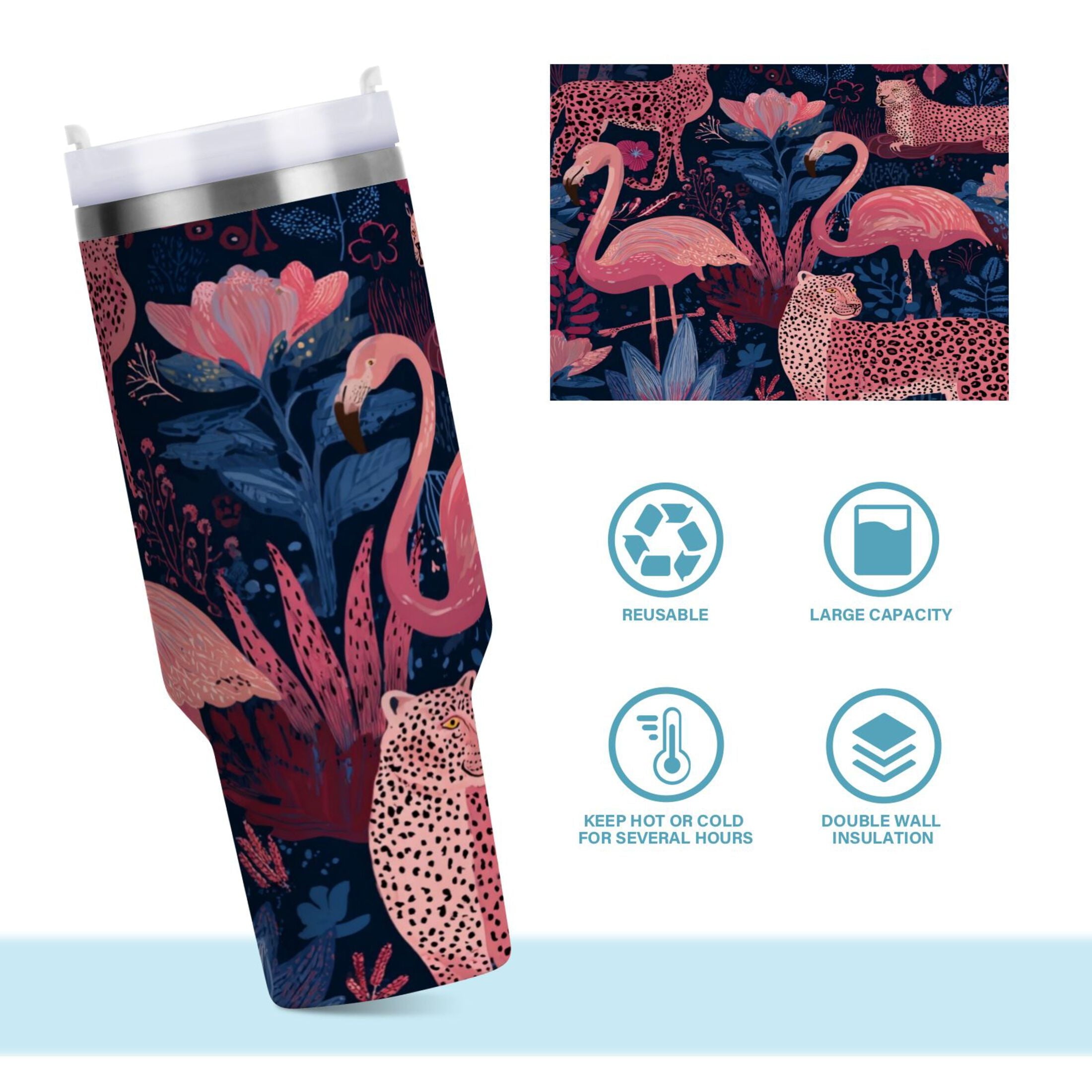 30 oz Insulated Stainless Steel Tumbler Double Wall Stainless Steel Tumbler with 2-Way Drinking Flamingos and Leopard Print M568A