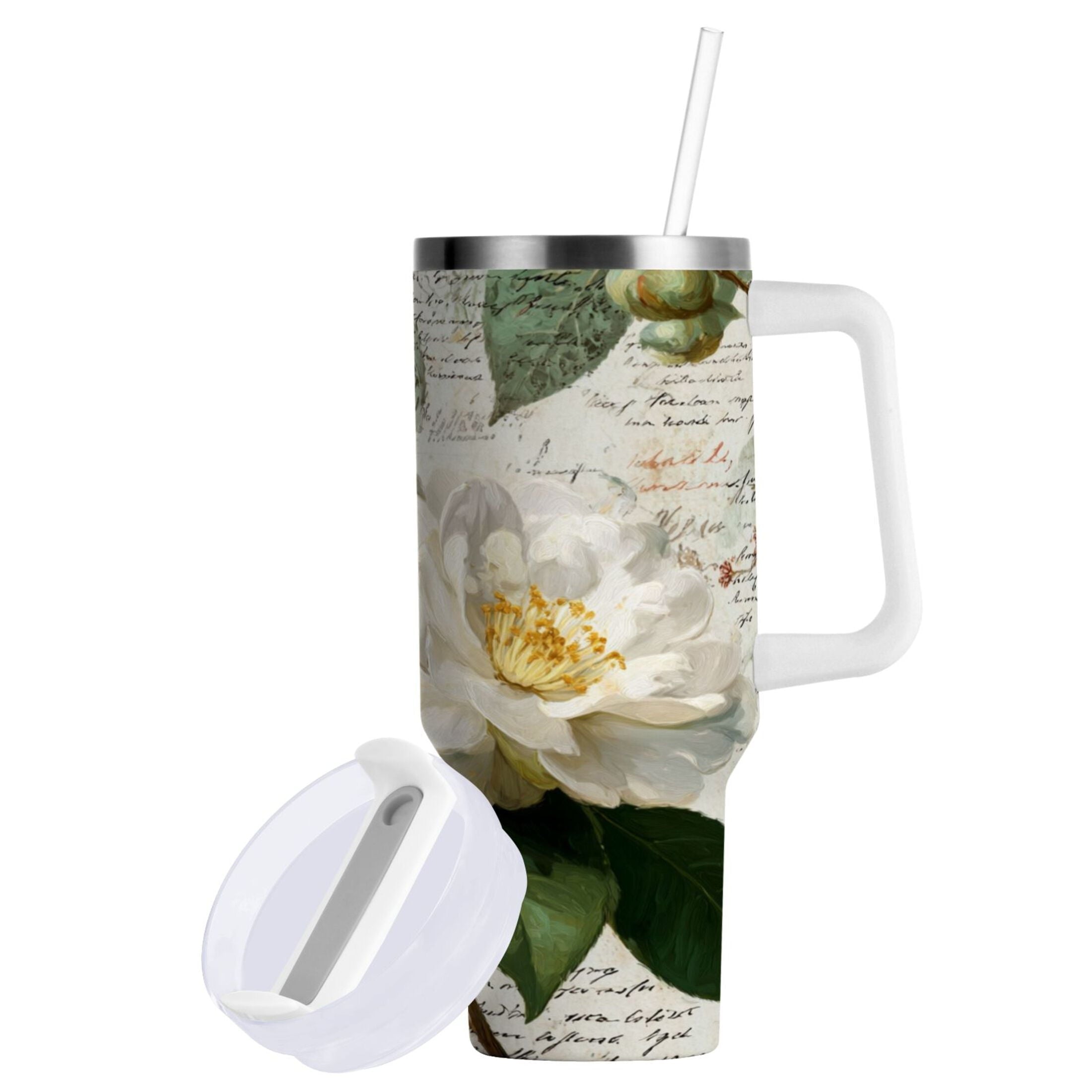 40 oz Insulated Stainless Steel Tumbler Double Wall Stainless Steel Tumbler with 2-Way Drinking Vintage White Camellias M622C