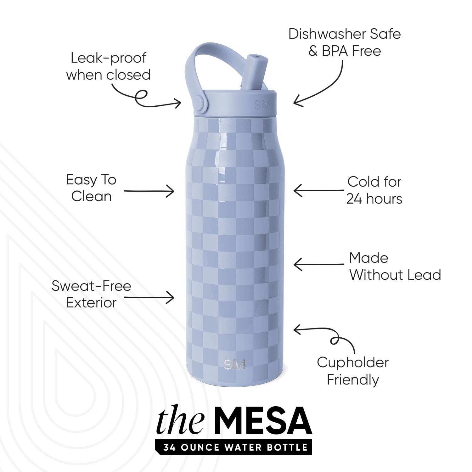 Simple Modern 34 fl oz Insulated Stainless Steel Mesa Wide Mouth Water Bottle with Handle and Push Button Straw Lid | Mystifying Blue Checkmate M410E