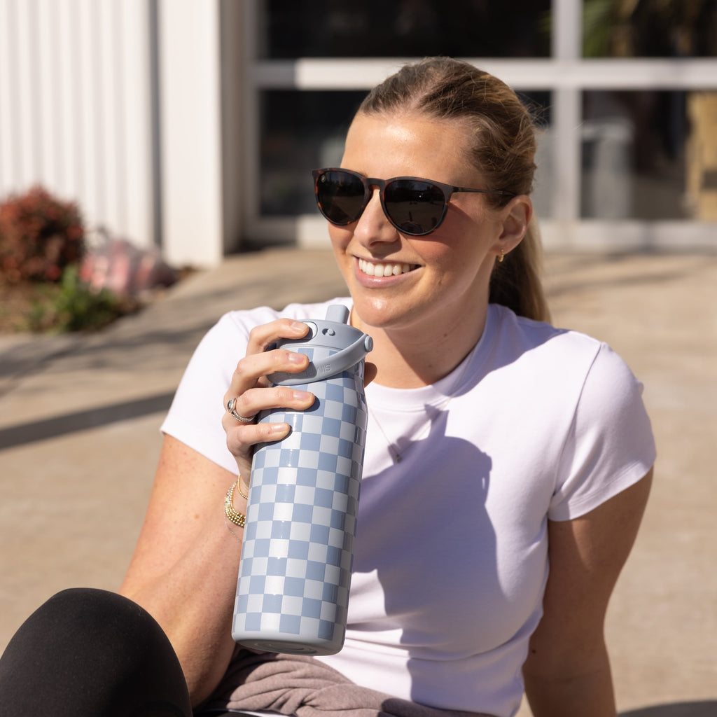 Simple Modern 34 fl oz Insulated Stainless Steel Mesa Wide Mouth Water Bottle with Handle and Push Button Straw Lid | Mystifying Blue Checkmate M410E