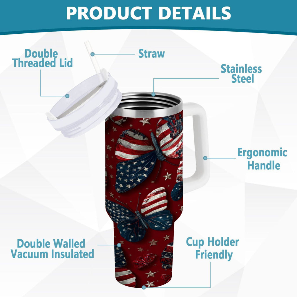 40 oz Insulated Stainless Steel Tumbler Double Wall Stainless Steel Tumbler with 2-Way Drinking Butterfly with National Flag M517Q