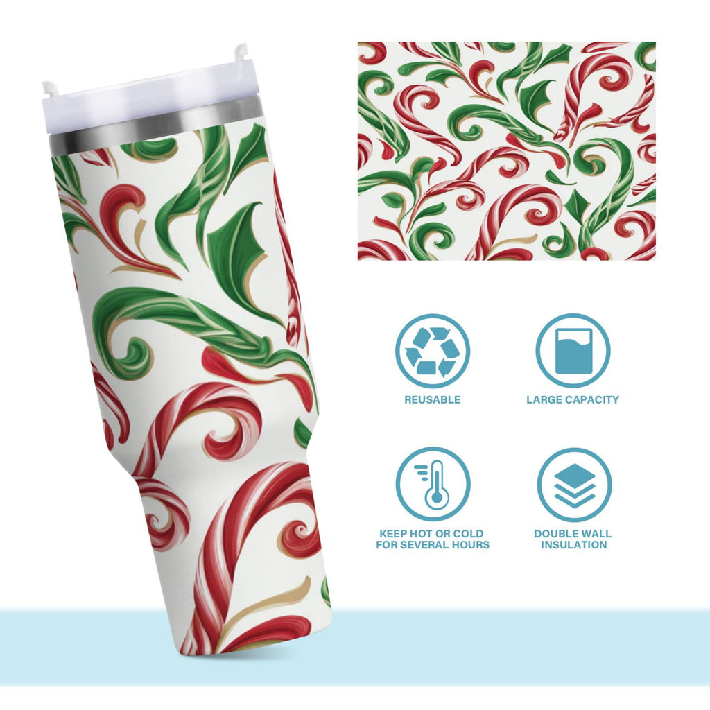 40 oz Insulated Stainless Steel Tumbler Double Wall Stainless Steel Tumbler with 2-Way Drinking Red and Green Candy-cane M573N