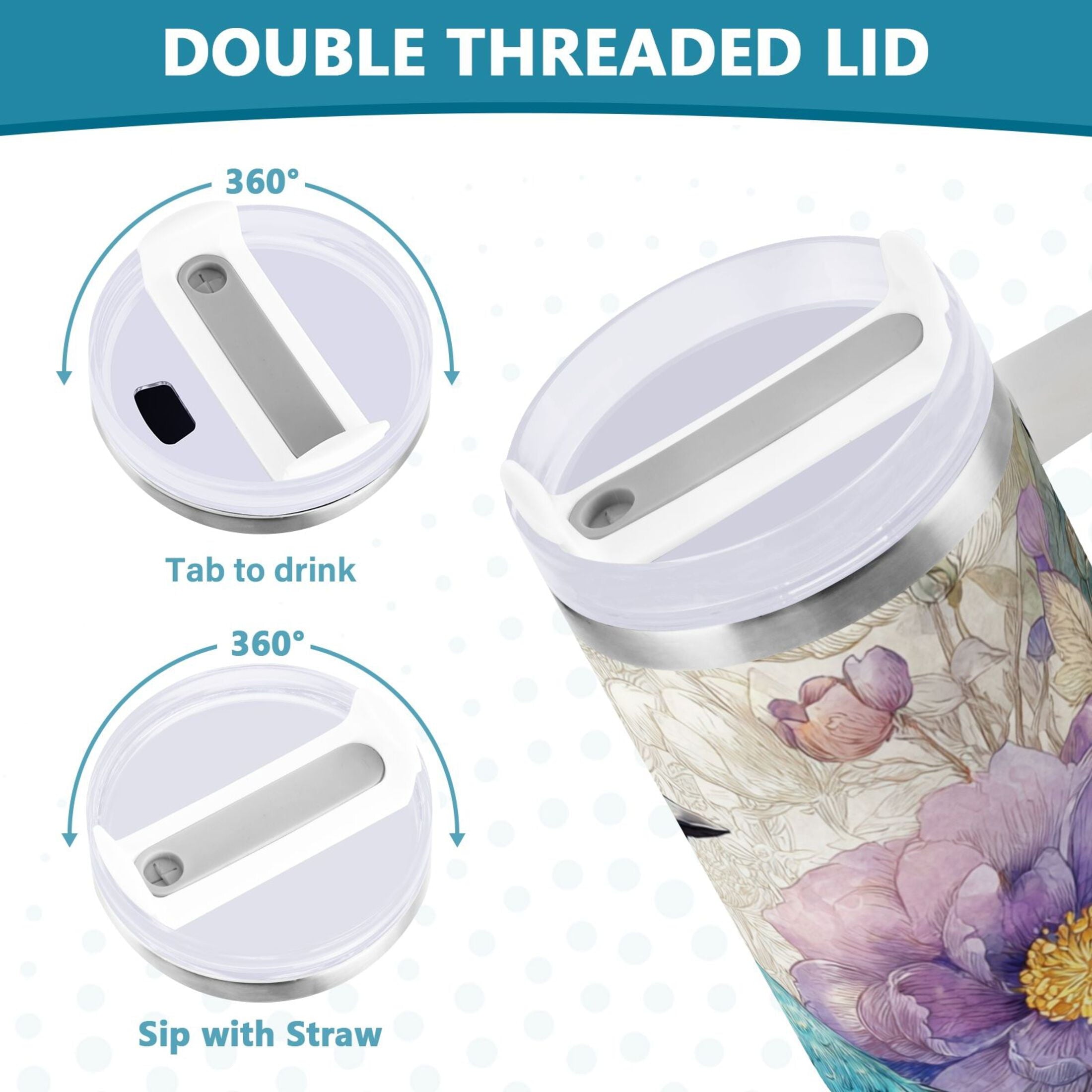 30 oz Insulated Stainless Steel Tumbler Double Wall Stainless Steel Tumbler with 2-Way Drinking Bluebird and Flower M538S