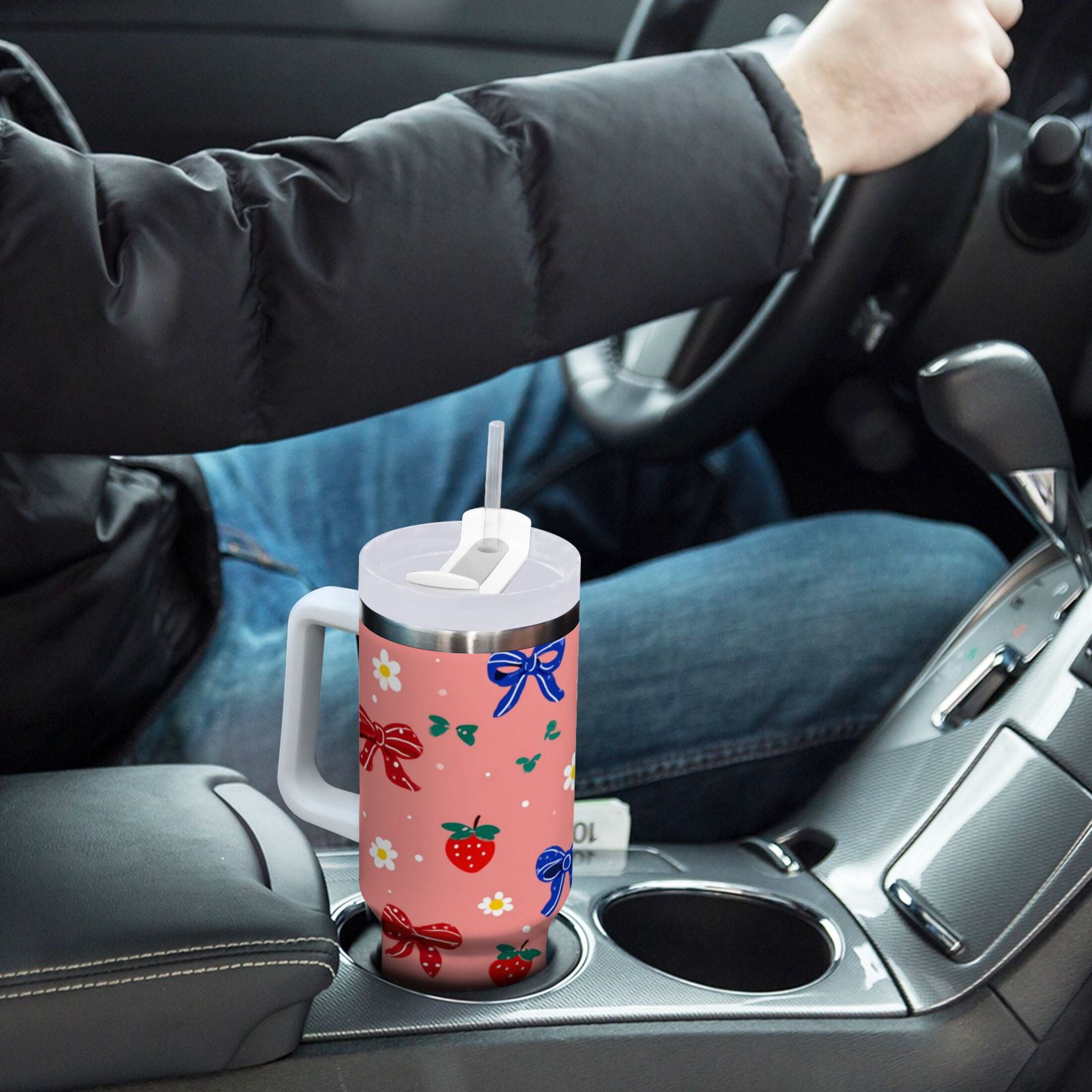 40 oz Insulated Stainless Steel Tumbler Double Wall Stainless Steel Tumbler with 2-Way Drinking Bows and Strawberries Pattern M511S