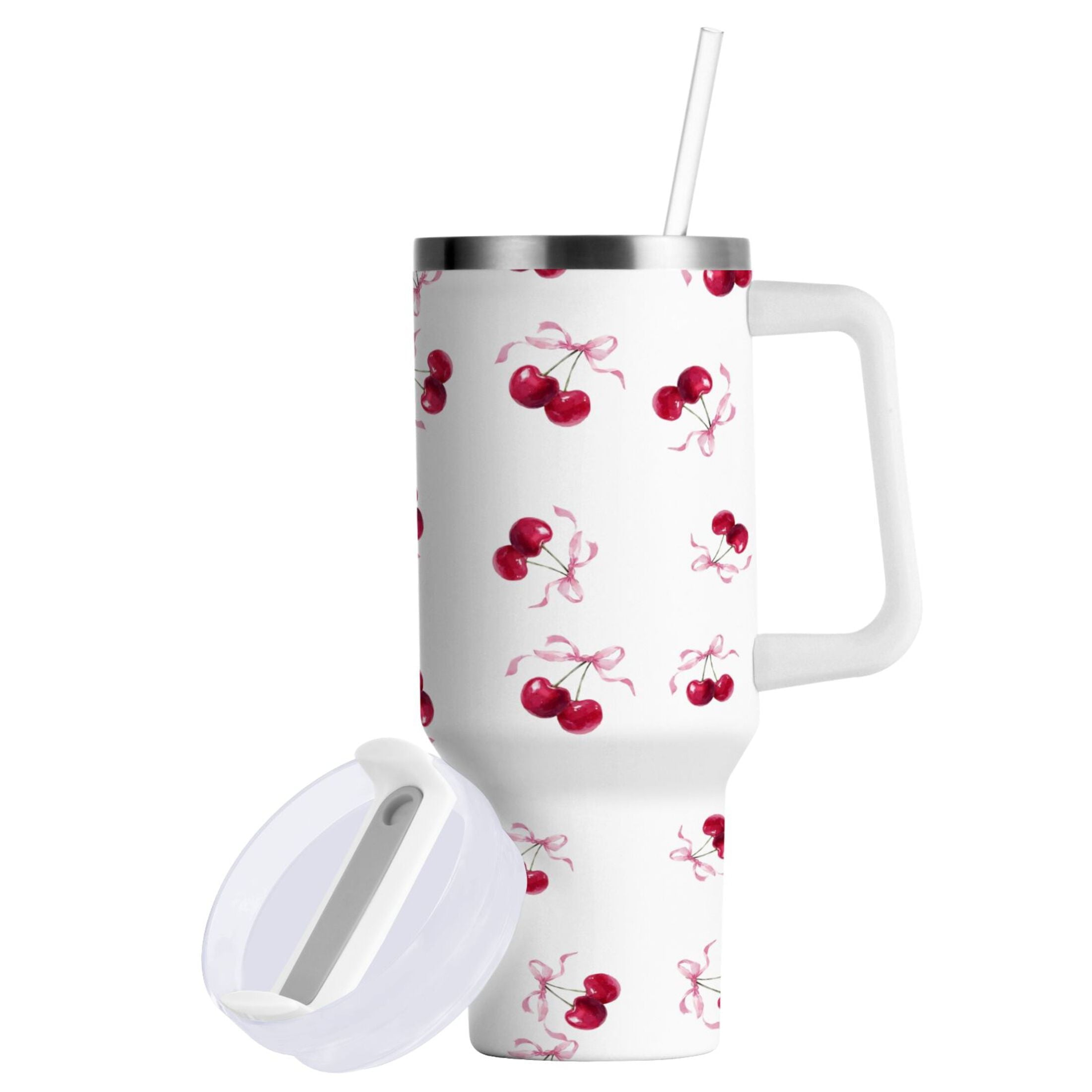 30 oz Insulated Stainless Steel Tumbler Double Wall Stainless Steel Tumbler with 2-Way Drinking Watercolor Cherries Pattern M604Z