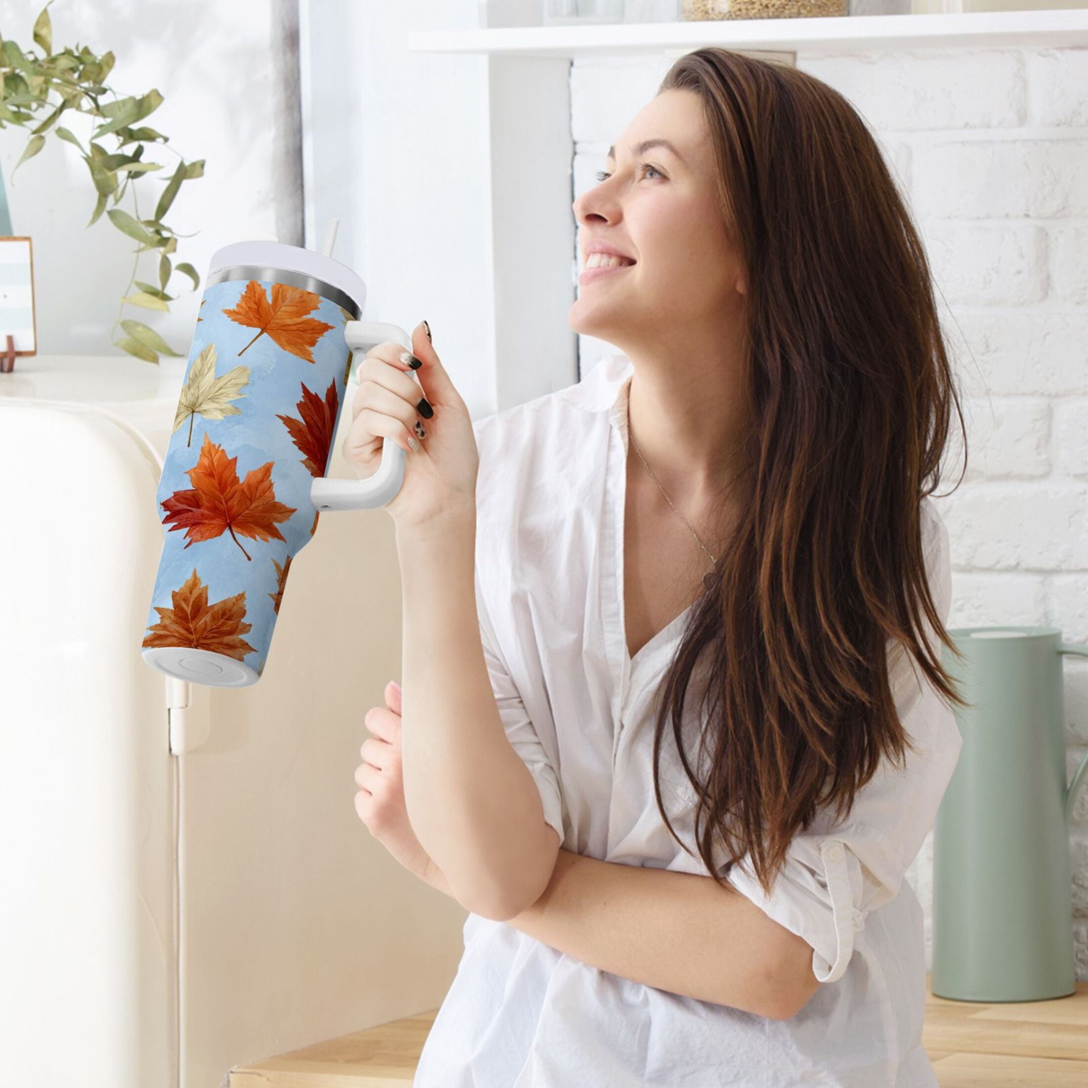 30 oz Insulated Stainless Steel Tumbler Double Wall Stainless Steel Tumbler with 2-Way Drinking Autumn Maple Leaves M641D