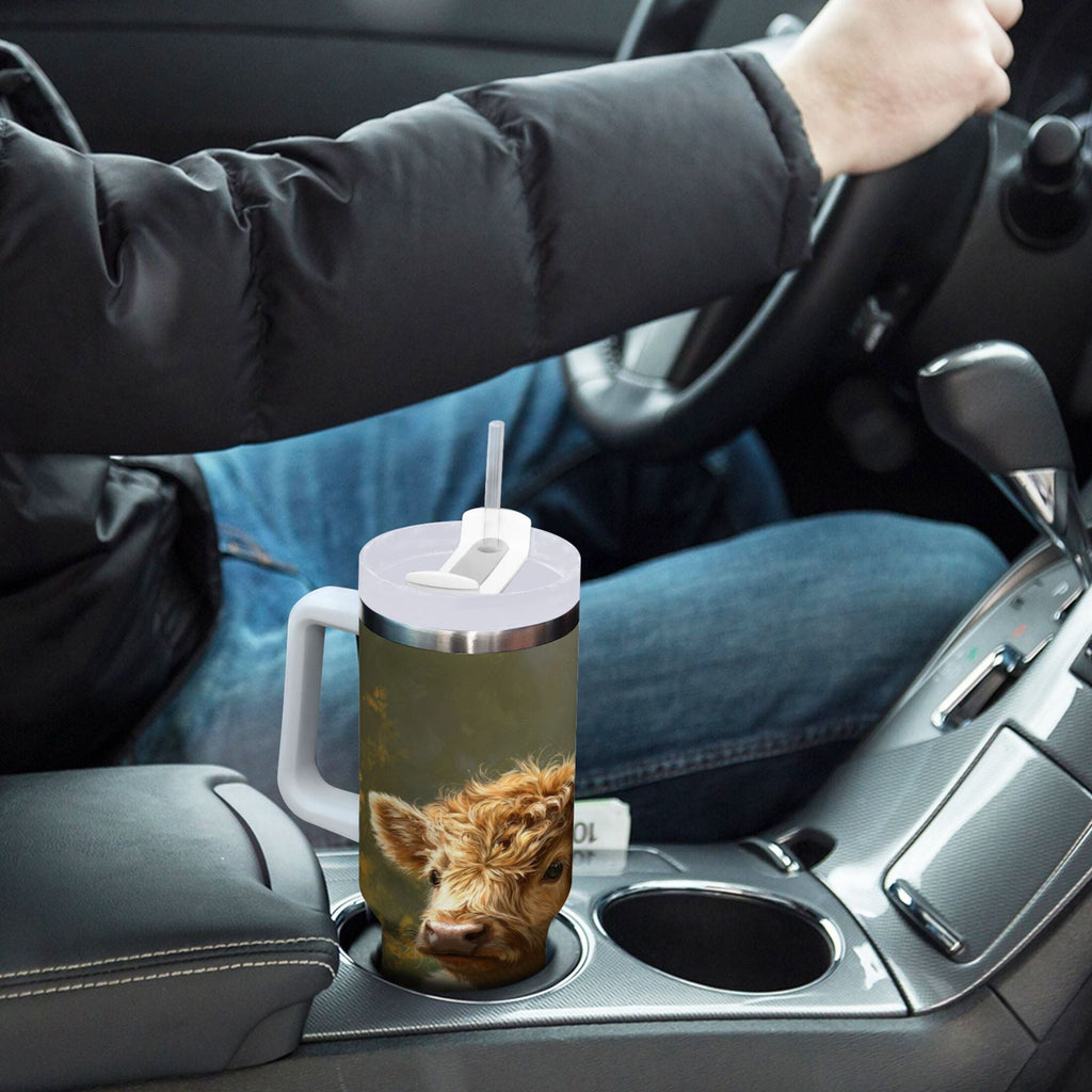 40 oz Insulated Stainless Steel Tumbler Double Wall Stainless Steel Tumbler with 2-Way Drinking Cow Lying in Sunflowers M665W