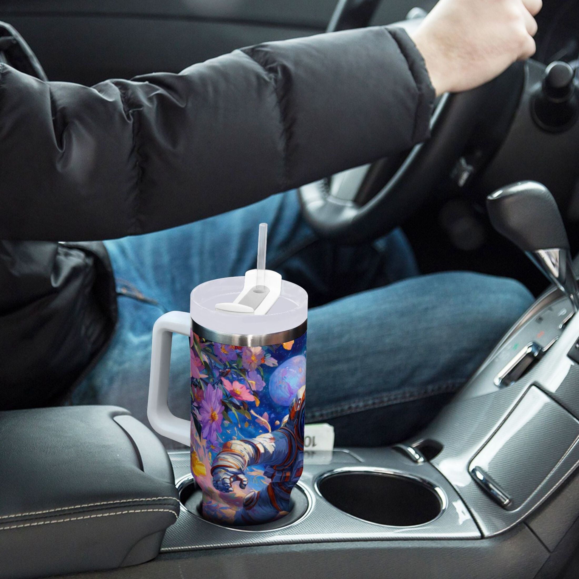 40 oz Insulated Stainless Steel Tumbler Double Wall Stainless Steel Tumbler with 2-Way Drinking Astronaut and Colorful Flowers M562S