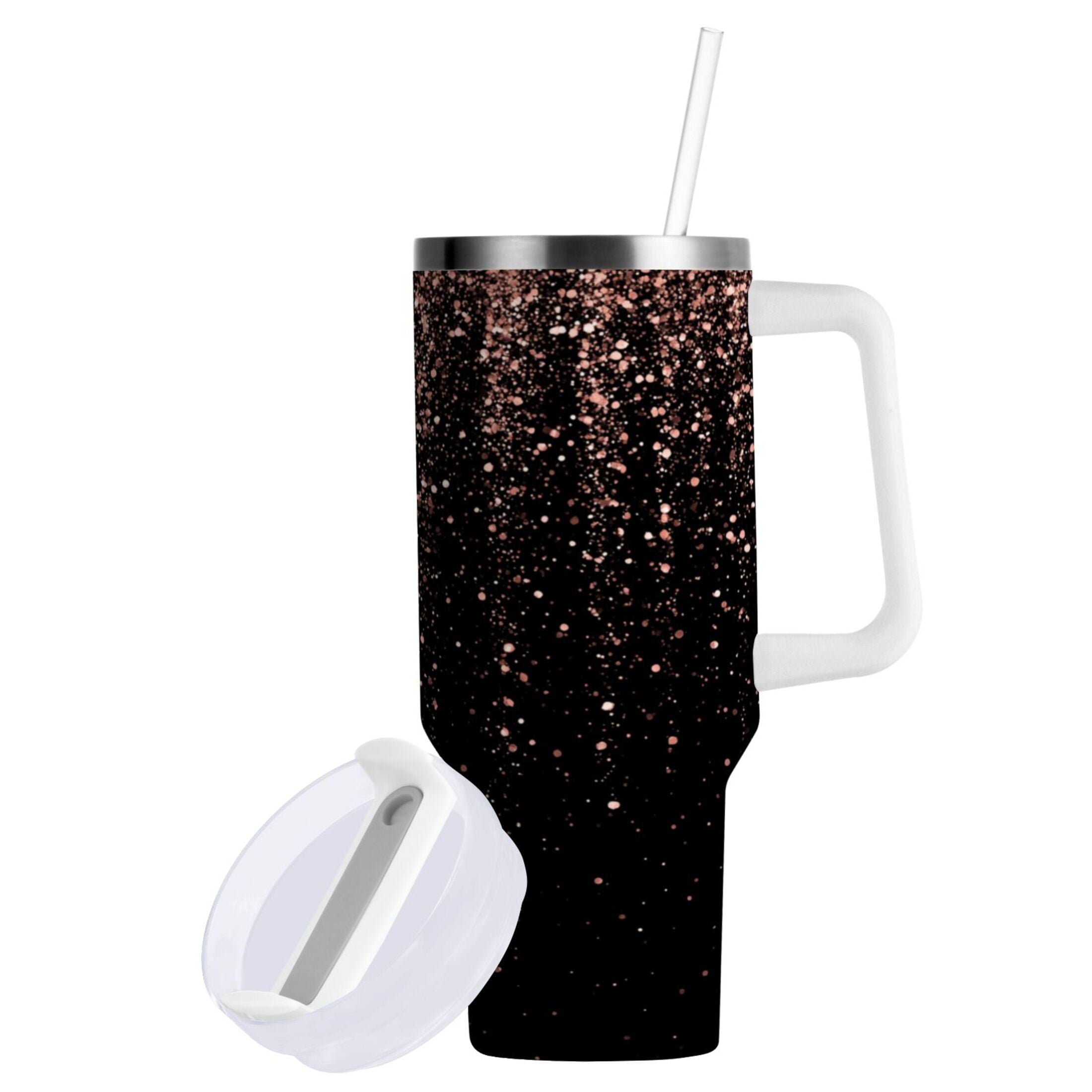 40 oz Insulated Stainless Steel Tumbler Double Wall Stainless Steel Tumbler with 2-Way Drinking Rose Gold Glitter M589E