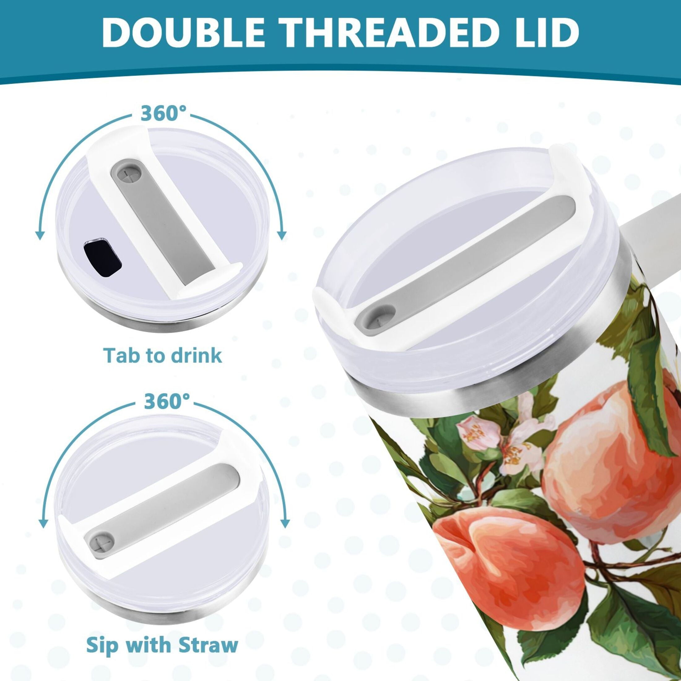 30 oz Insulated Stainless Steel Tumbler Double Wall Stainless Steel Tumbler with 2-Way Drinking Peach Fruit Pattern M503G