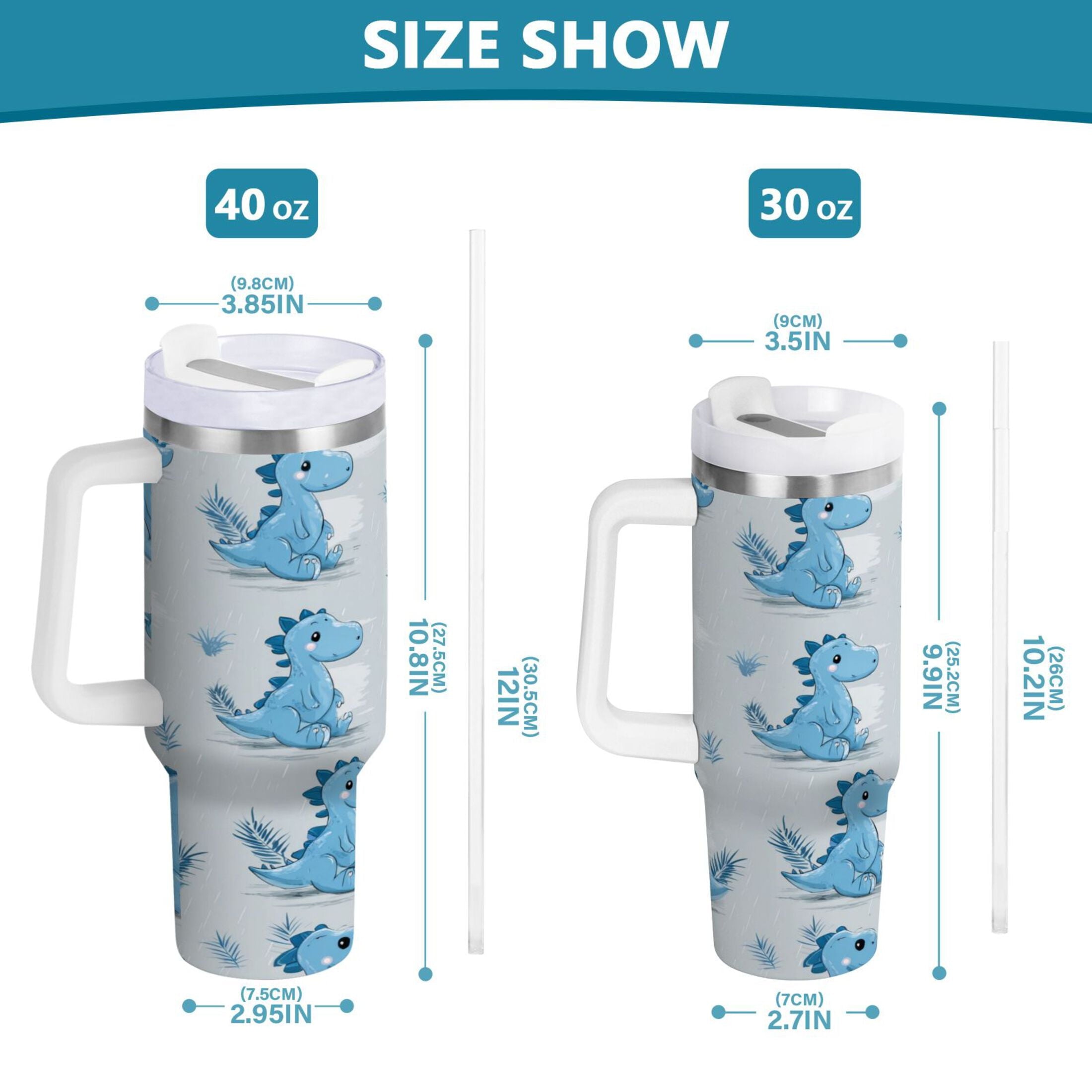 30 oz Insulated Stainless Steel Tumbler Double Wall Stainless Steel Tumbler with 2-Way Drinking Cartoon Blue Dinosaurs M495M