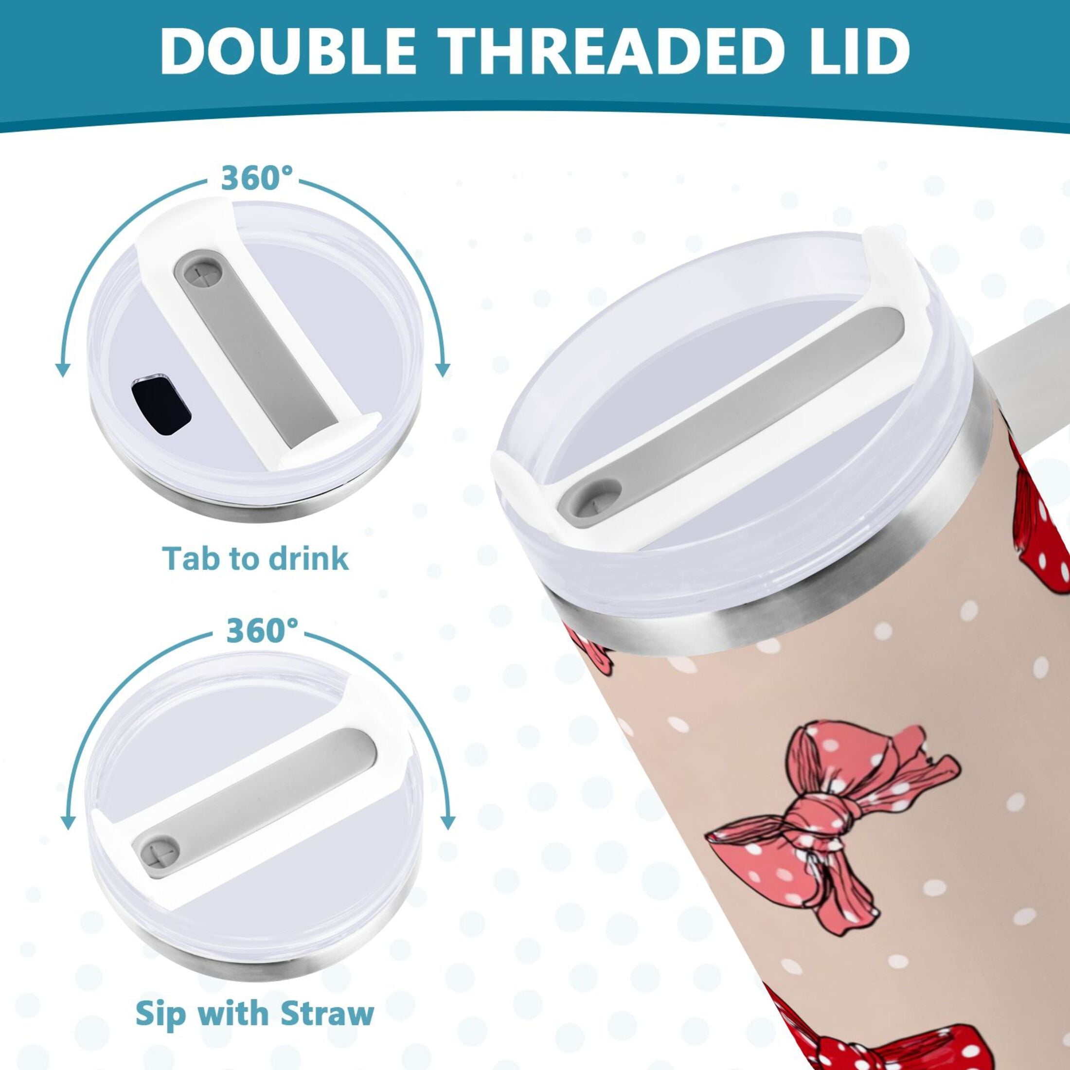 30 oz Insulated Stainless Steel Tumbler Double Wall Stainless Steel Tumbler with 2-Way Drinking Cute Red Bows Pattern M541F