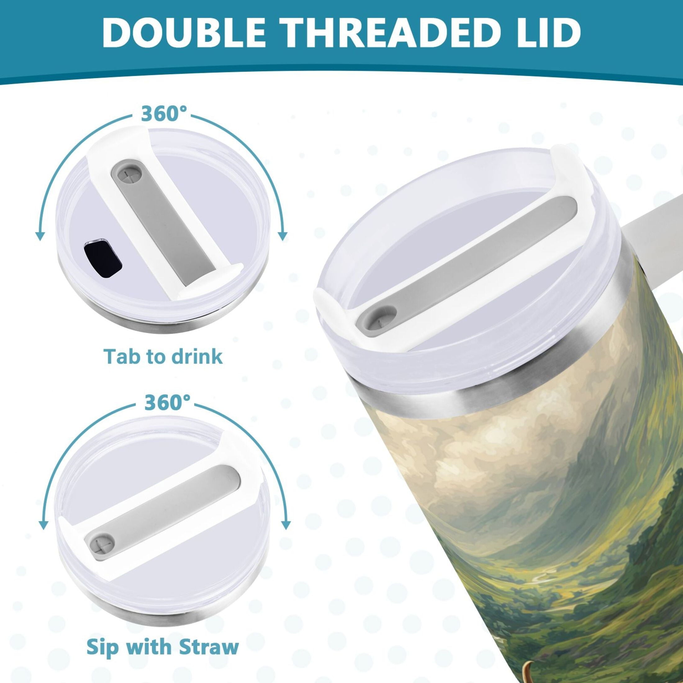 30 oz Insulated Stainless Steel Tumbler Double Wall Stainless Steel Tumbler with 2-Way Drinking Cow in Green Rolling Hills M586Q