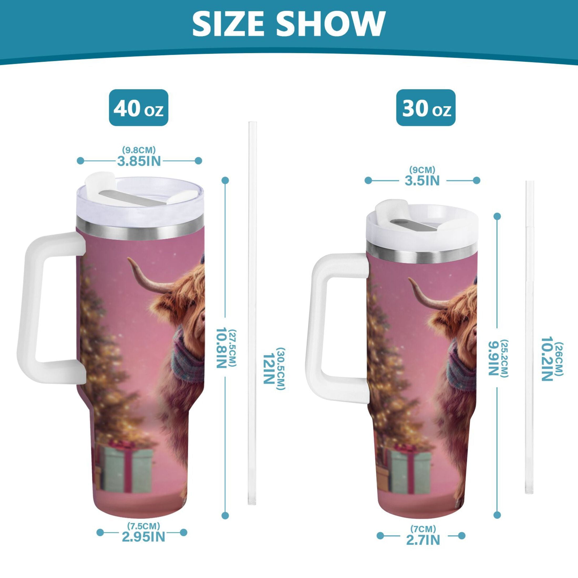 30 oz Insulated Stainless Steel Tumbler Double Wall Stainless Steel Tumbler with 2-Way Drinking Cow Wearing Christmas M626M