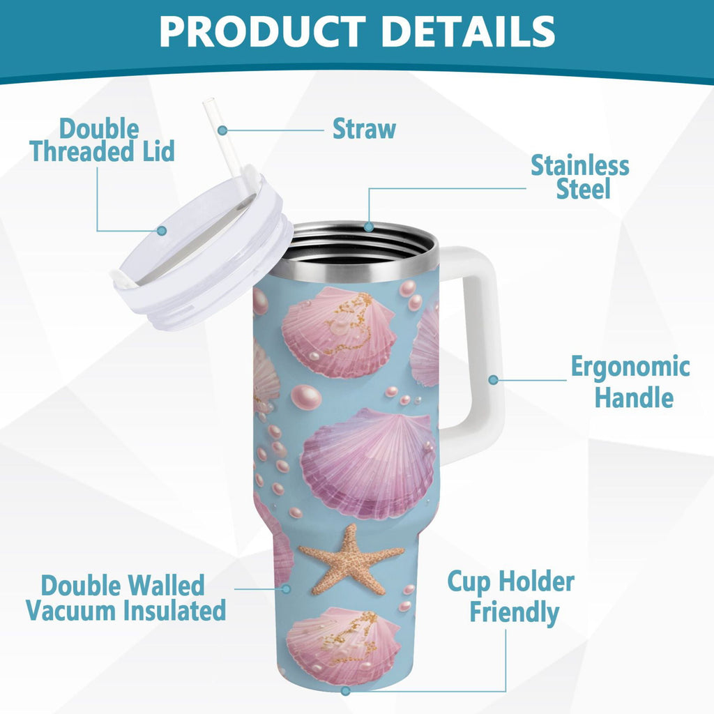 40 oz Insulated Stainless Steel Tumbler Double Wall Stainless Steel Tumbler with 2-Way Drinking Seashells and Pearls Pattern M569Q