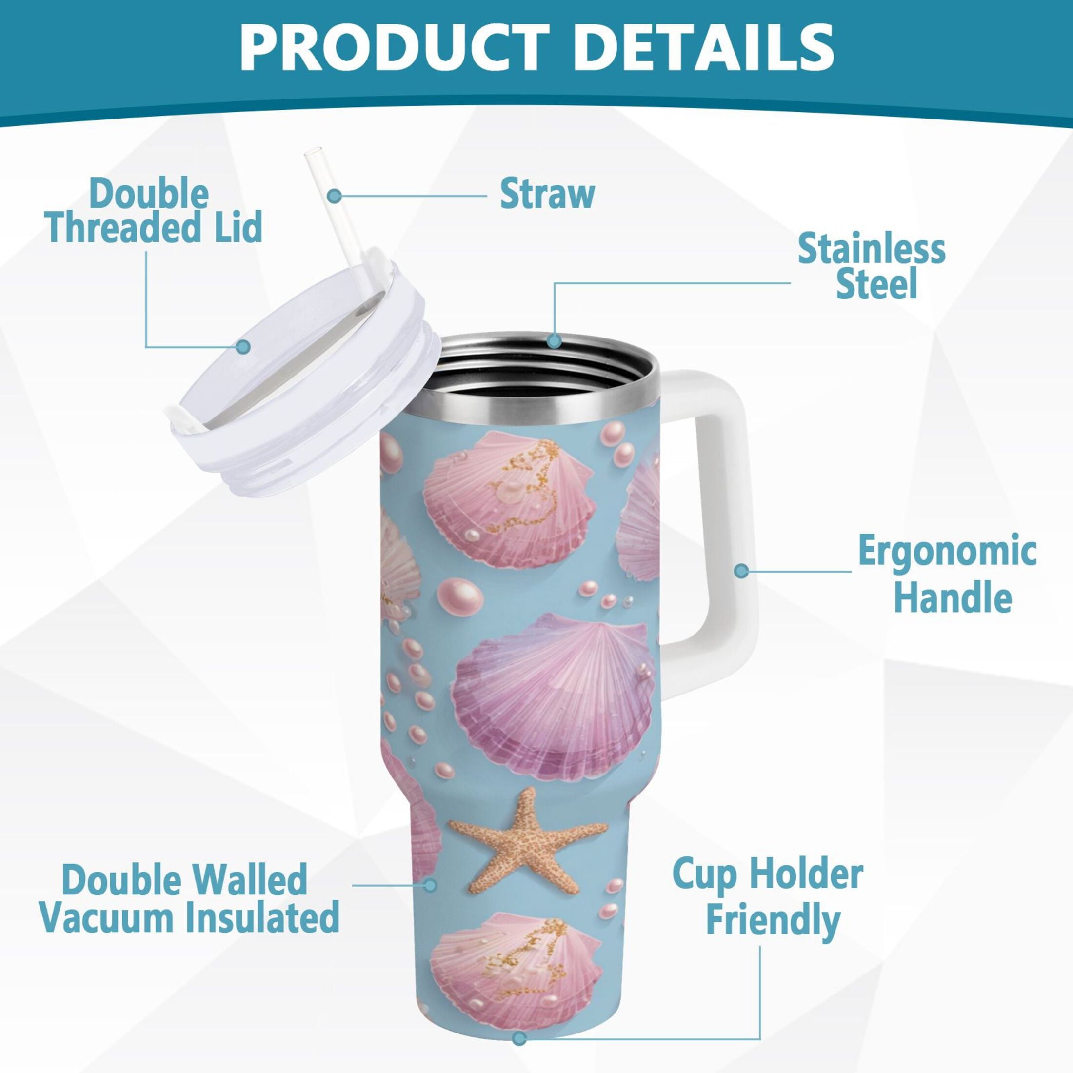40 oz Insulated Stainless Steel Tumbler Double Wall Stainless Steel Tumbler with 2-Way Drinking Seashells and Pearls Pattern M569Q