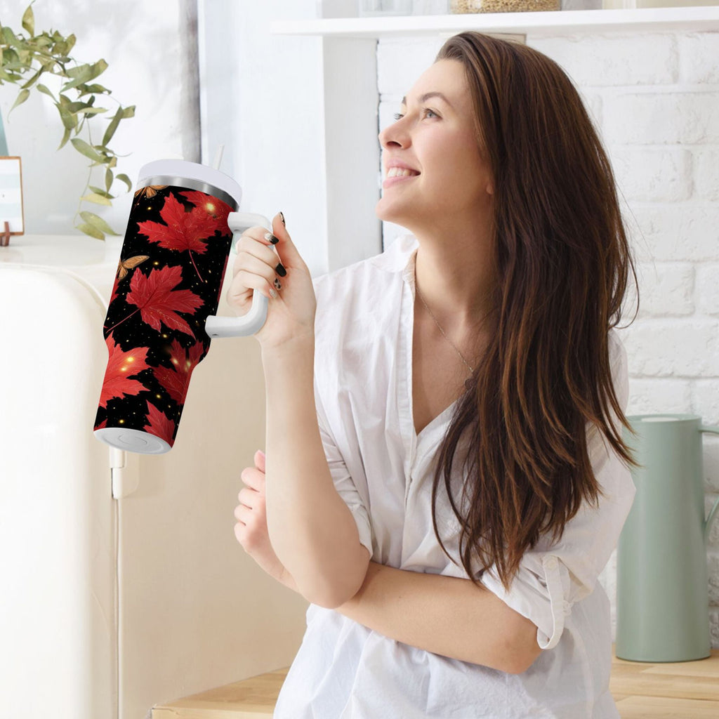 40 oz Insulated Stainless Steel Tumbler Double Wall Stainless Steel Tumbler with 2-Way Drinking Maple Leaves and Fireflies M516E