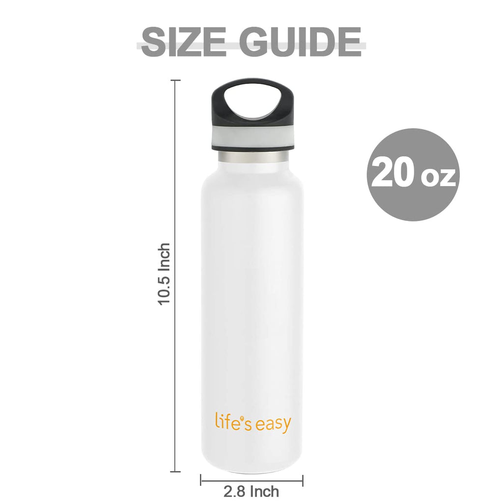 LIFE'S EASY 20 oz. Sports Insulated Water Bottle with Lid. Stainless Steel Vacuum Double Wall Thermo for Modern Hot and Cold Drinks, Simple Metal Hydro Canteen for Travel Men and Women (White) M417D