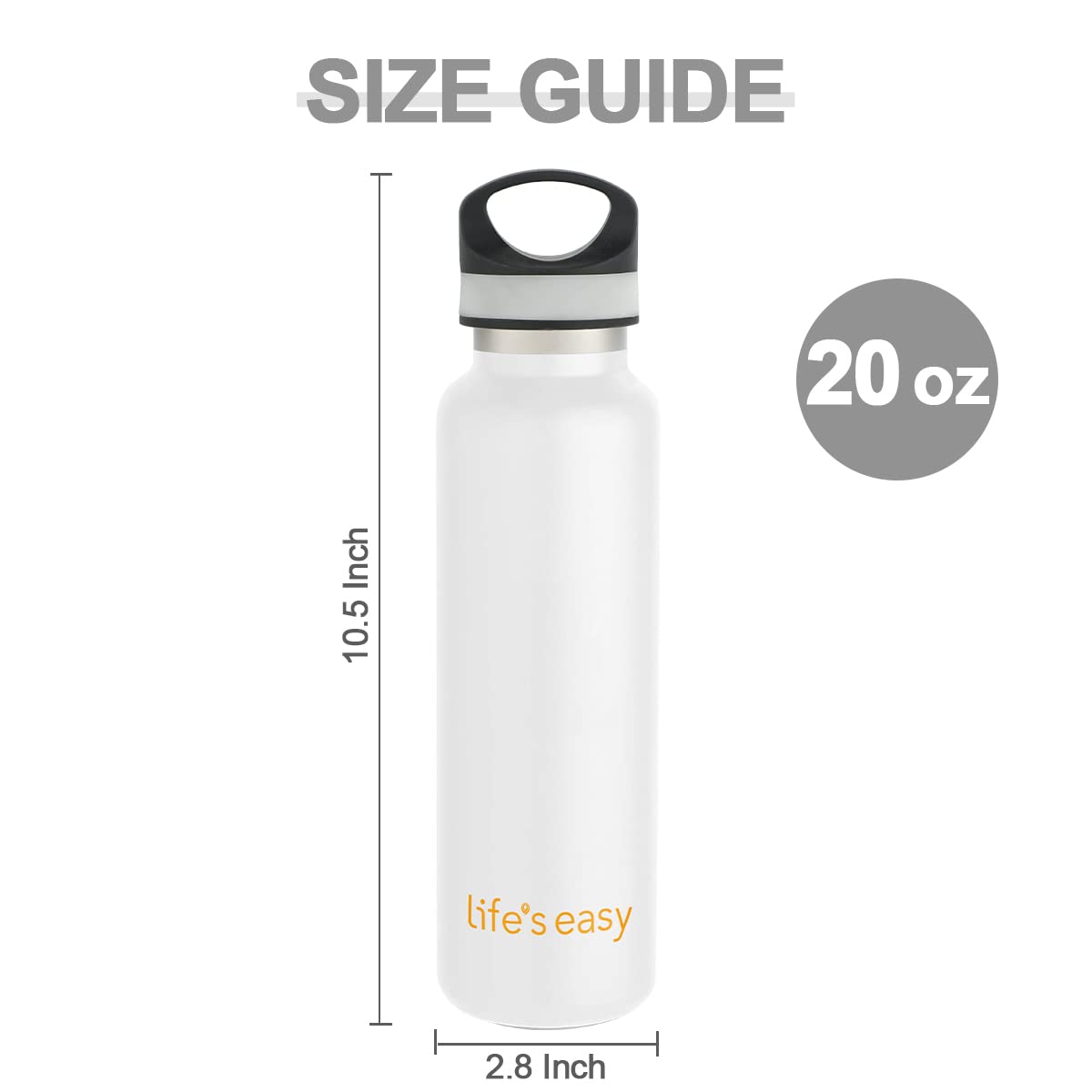 LIFE'S EASY 20 oz. Sports Insulated Water Bottle with Lid. Stainless Steel Vacuum Double Wall Thermo for Modern Hot and Cold Drinks, Simple Metal Hydro Canteen for Travel Men and Women (White) M417D
