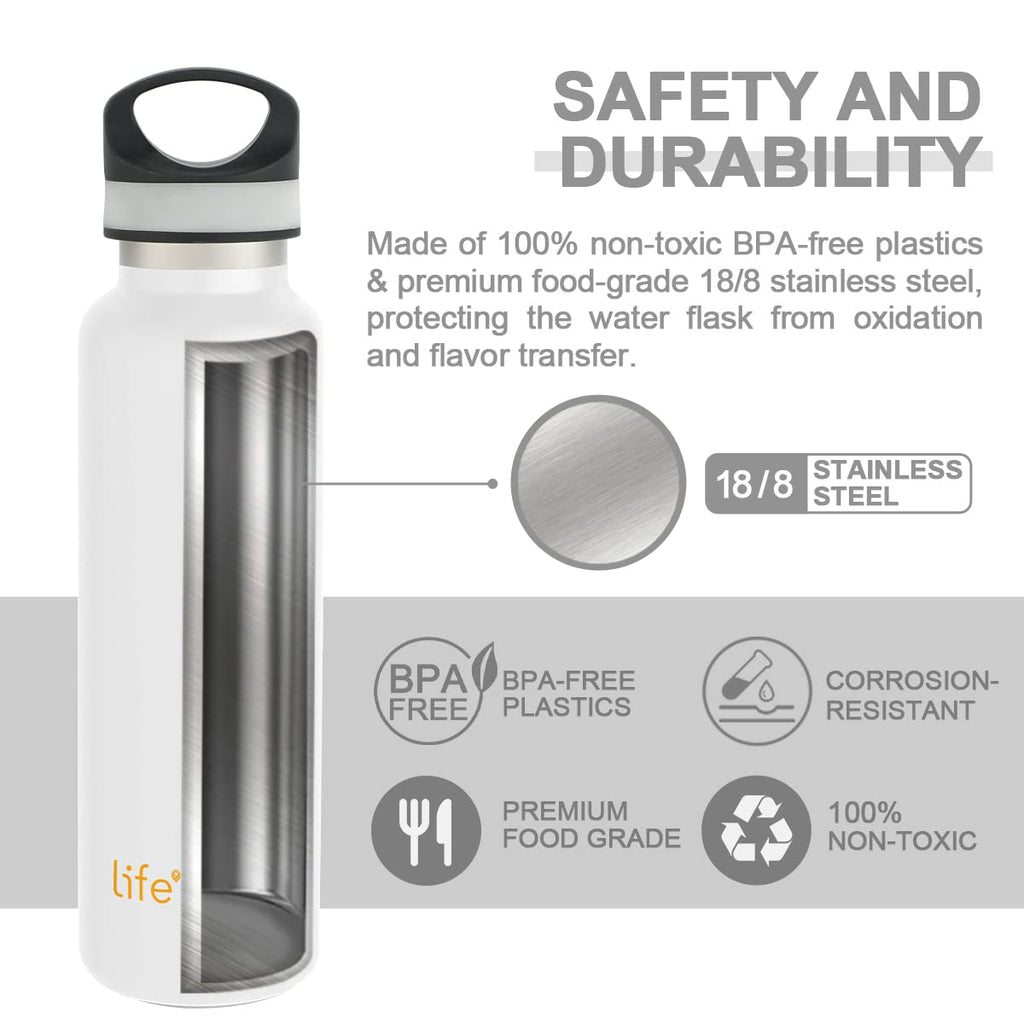 LIFE'S EASY 20 oz. Sports Insulated Water Bottle with Lid. Stainless Steel Vacuum Double Wall Thermo for Modern Hot and Cold Drinks, Simple Metal Hydro Canteen for Travel Men and Women (White) M417D