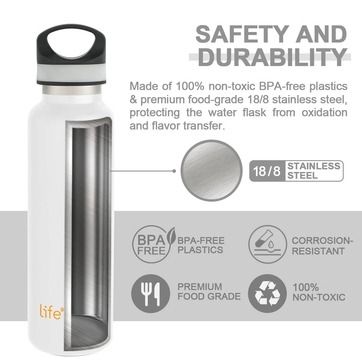 LIFE'S EASY 20 oz. Sports Insulated Water Bottle with Lid. Stainless Steel Vacuum Double Wall Thermo for Modern Hot and Cold Drinks, Simple Metal Hydro Canteen for Travel Men and Women (White) M417D